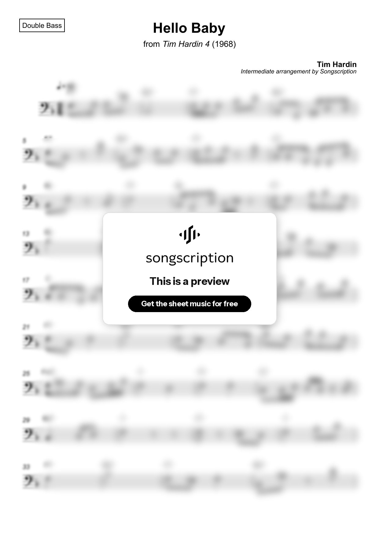 Intermediate Double Bass Sheet Music for "Hello Baby" by Tim Hardin