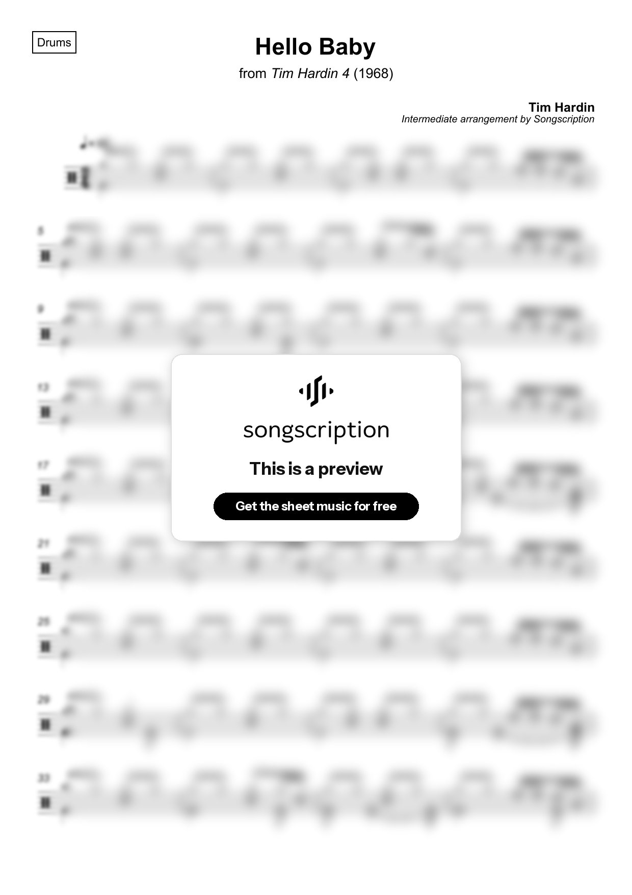 Intermediate Drums Sheet Music for "Hello Baby" by Tim Hardin