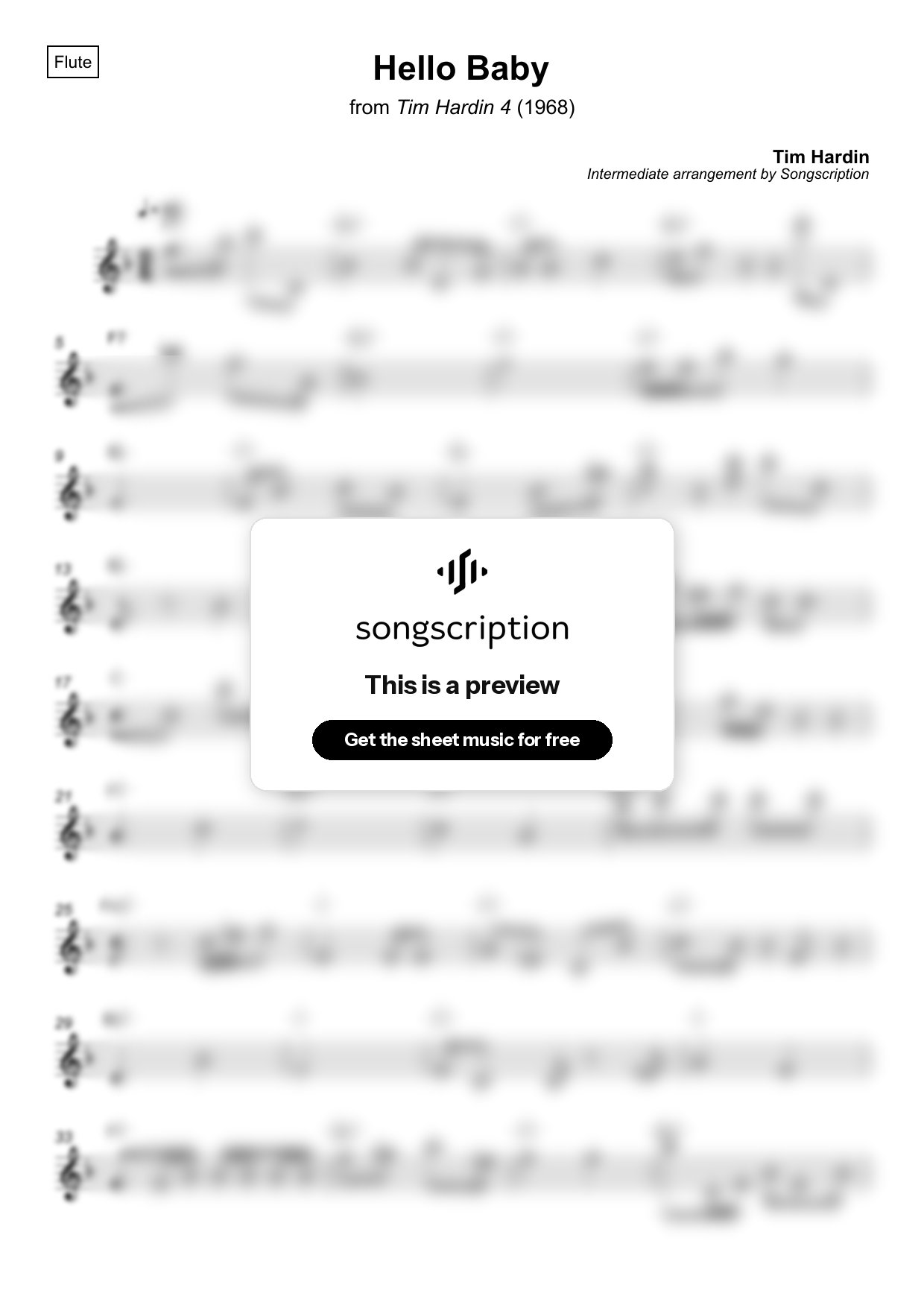 Intermediate Flute Sheet Music for "Hello Baby" by Tim Hardin