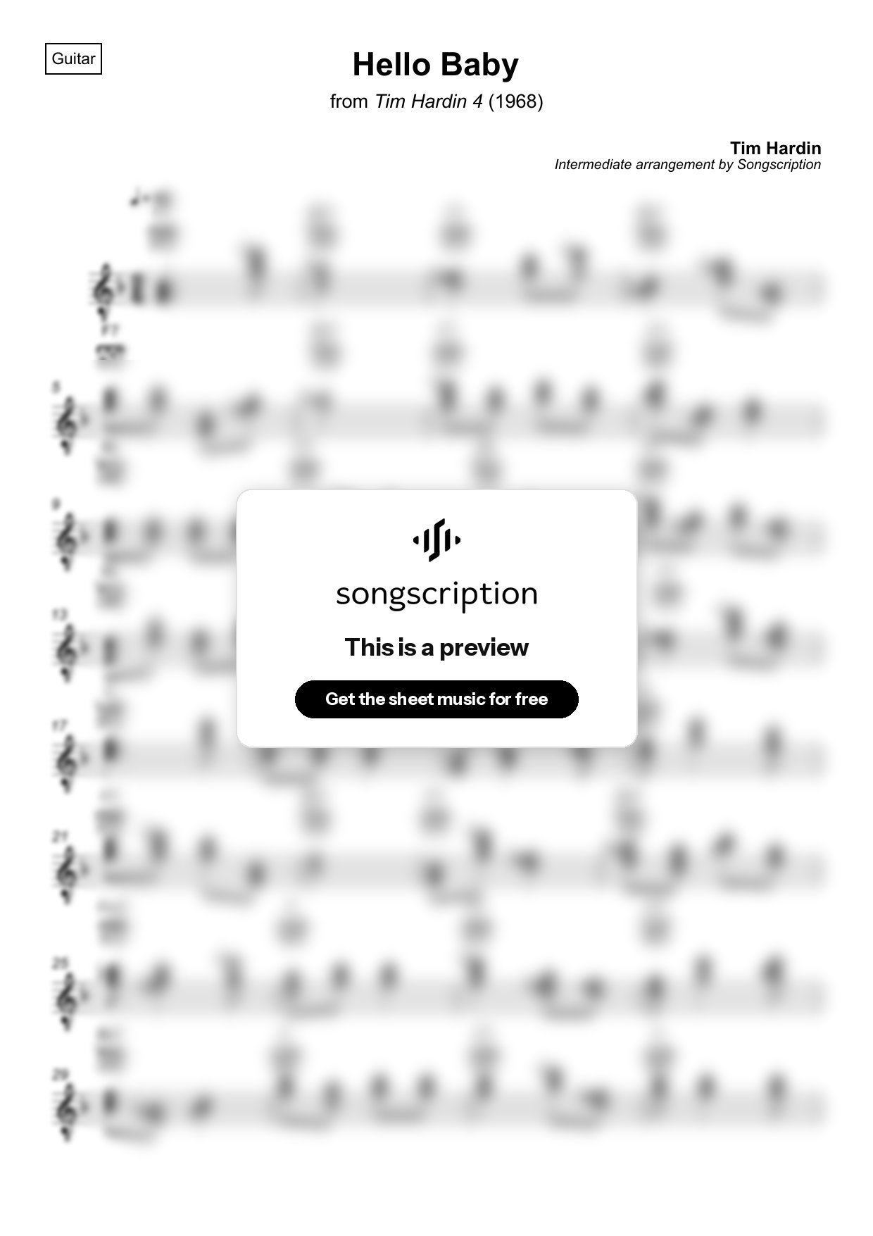 Intermediate Acoustic Guitar Sheet Music for "Hello Baby" by Tim Hardin