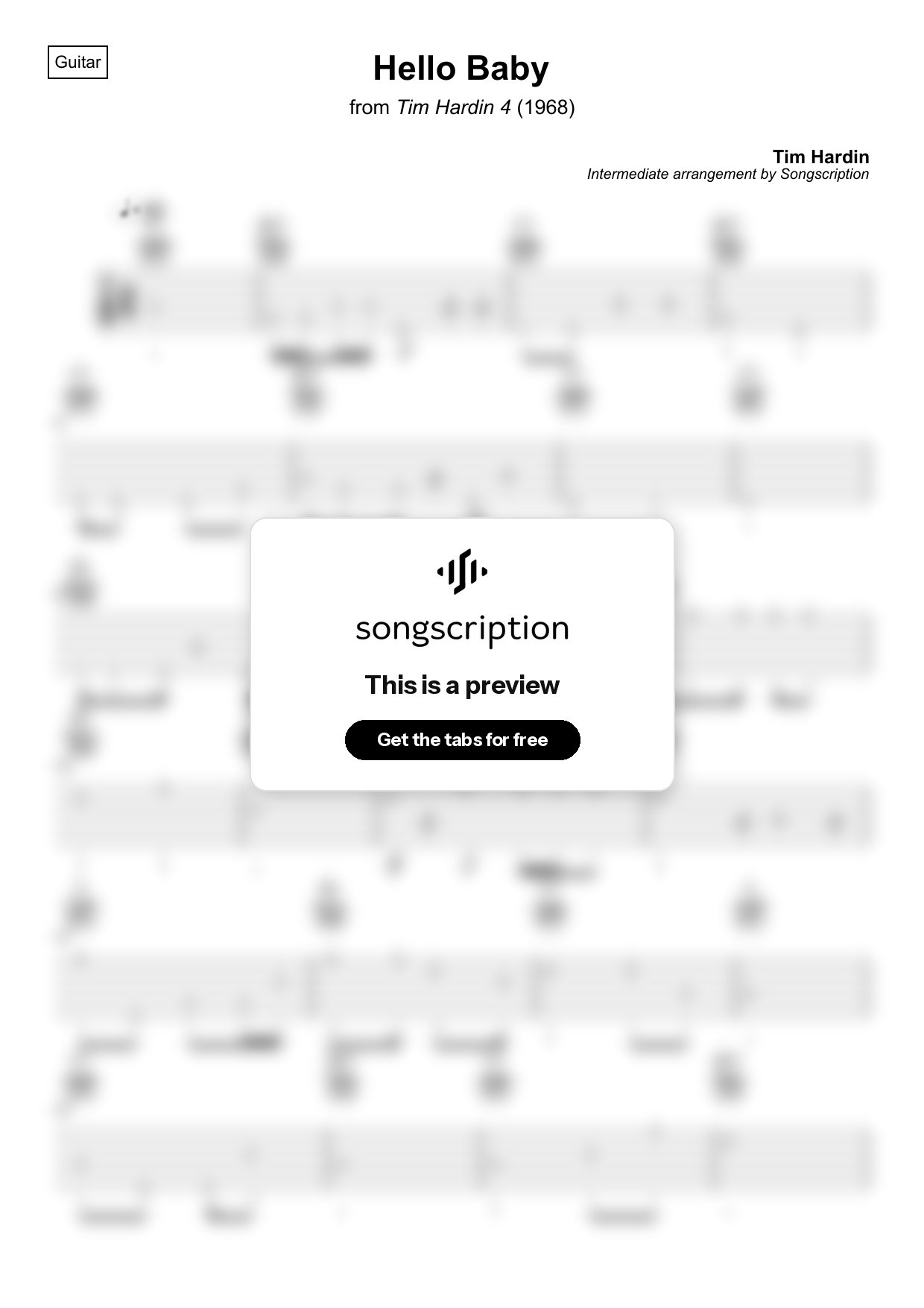 Intermediate Acoustic Guitar Tabs for "Hello Baby" by Tim Hardin