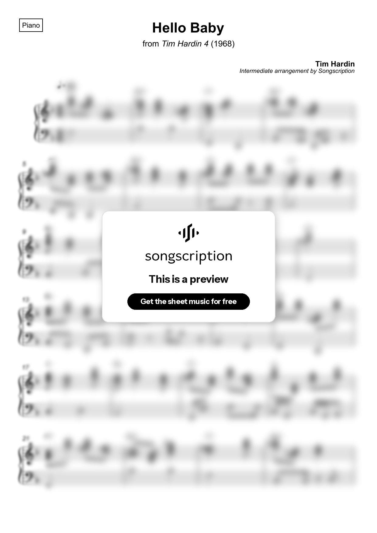 Intermediate Piano Sheet Music for "Hello Baby" by Tim Hardin