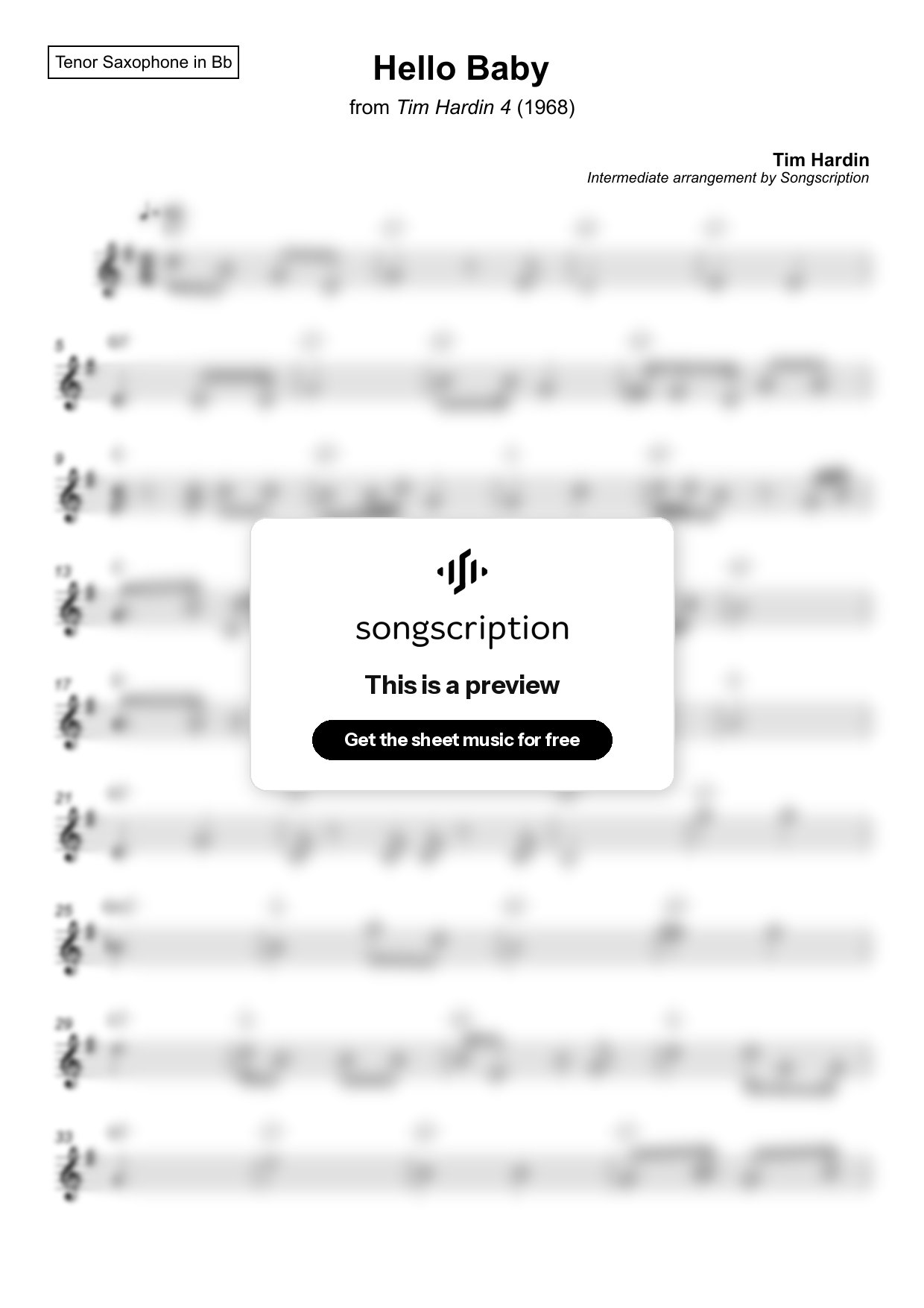Intermediate Tenor Sax Sheet Music for "Hello Baby" by Tim Hardin