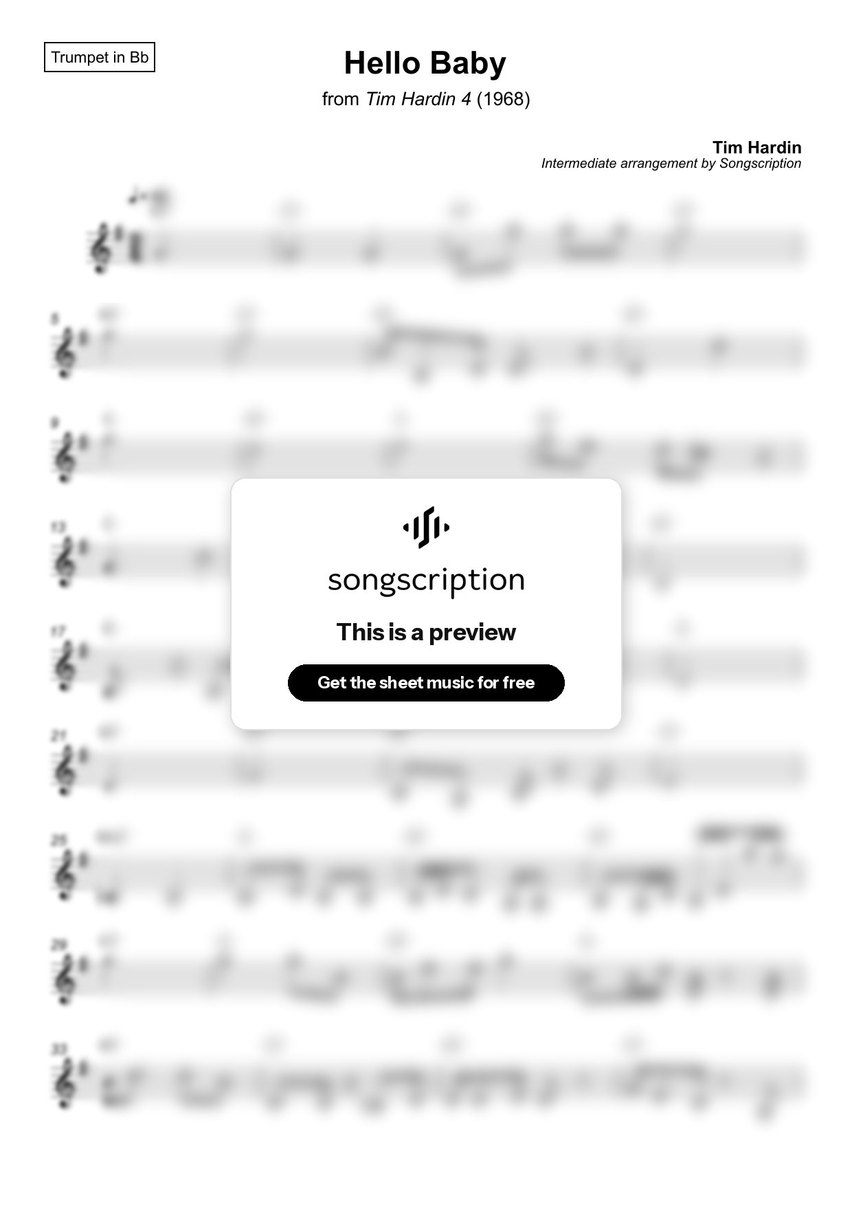 Intermediate Trumpet Sheet Music for "Hello Baby" by Tim Hardin