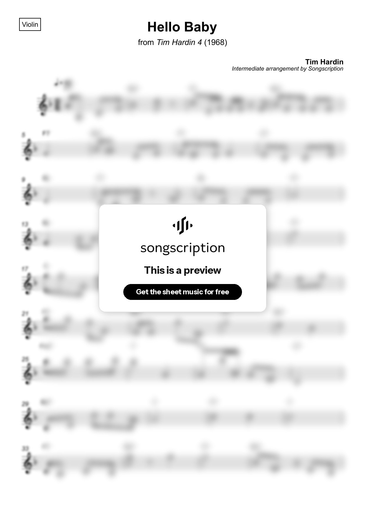 Intermediate Violin Sheet Music for "Hello Baby" by Tim Hardin