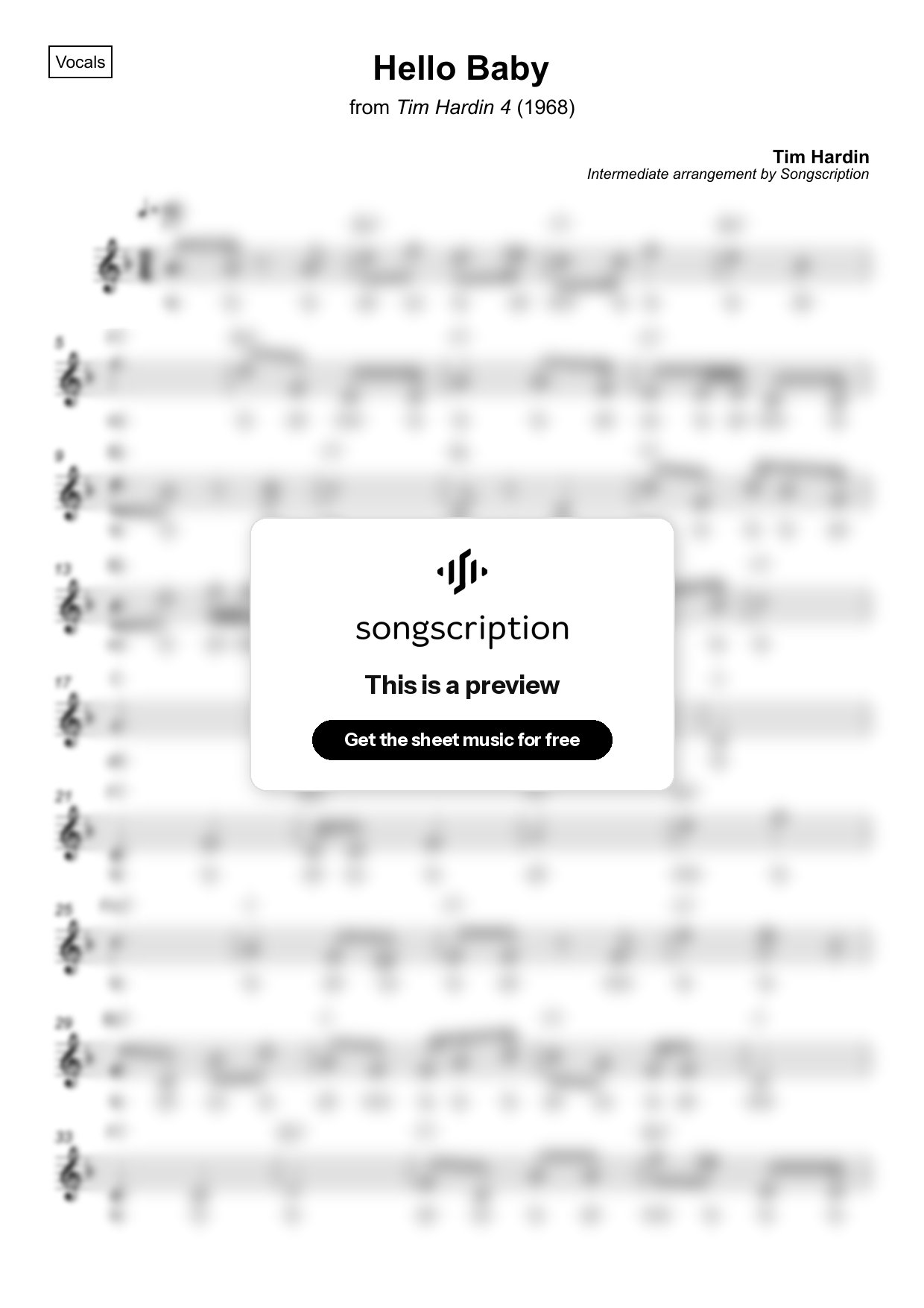 Intermediate Vocals Sheet Music for "Hello Baby" by Tim Hardin