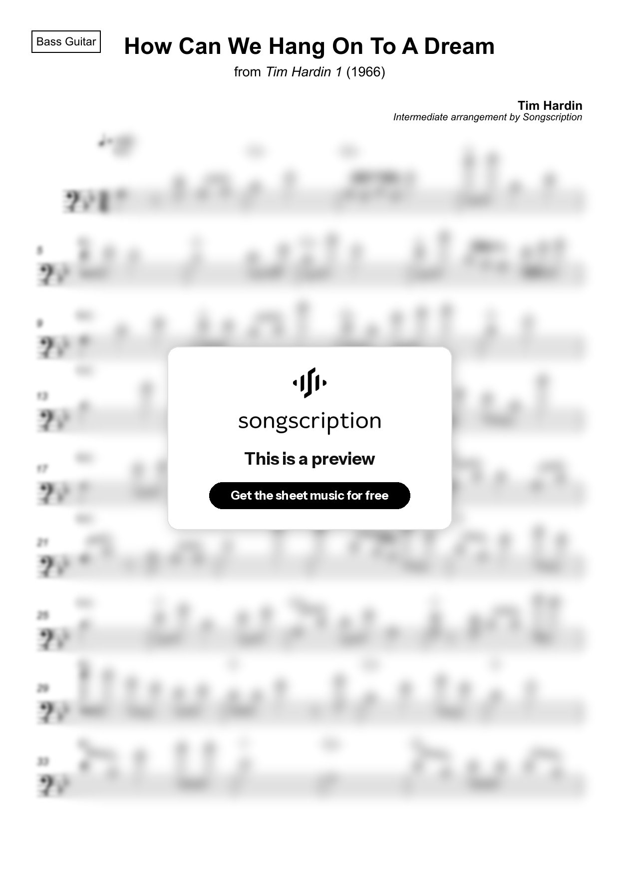Intermediate Bass Guitar Sheet Music for "How Can We Hang On To A Dream" by Tim Hardin