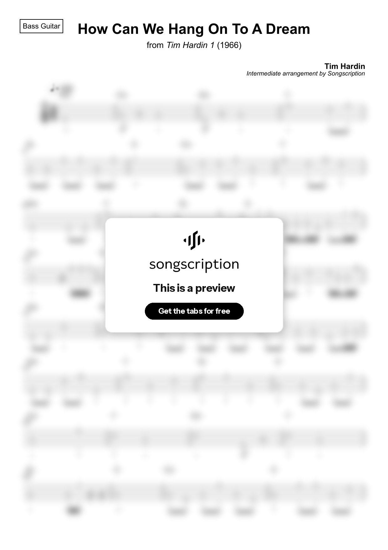 Intermediate Bass Guitar Tabs for "How Can We Hang On To A Dream" by Tim Hardin