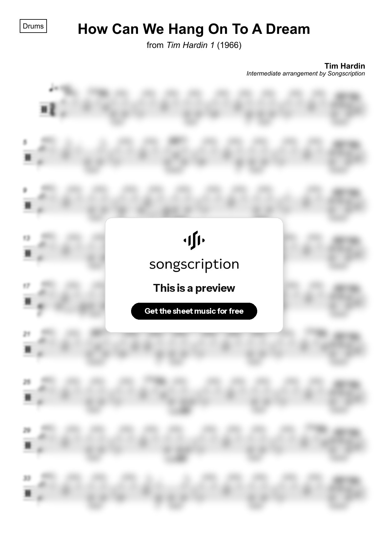Intermediate Drums Sheet Music for "How Can We Hang On To A Dream" by Tim Hardin