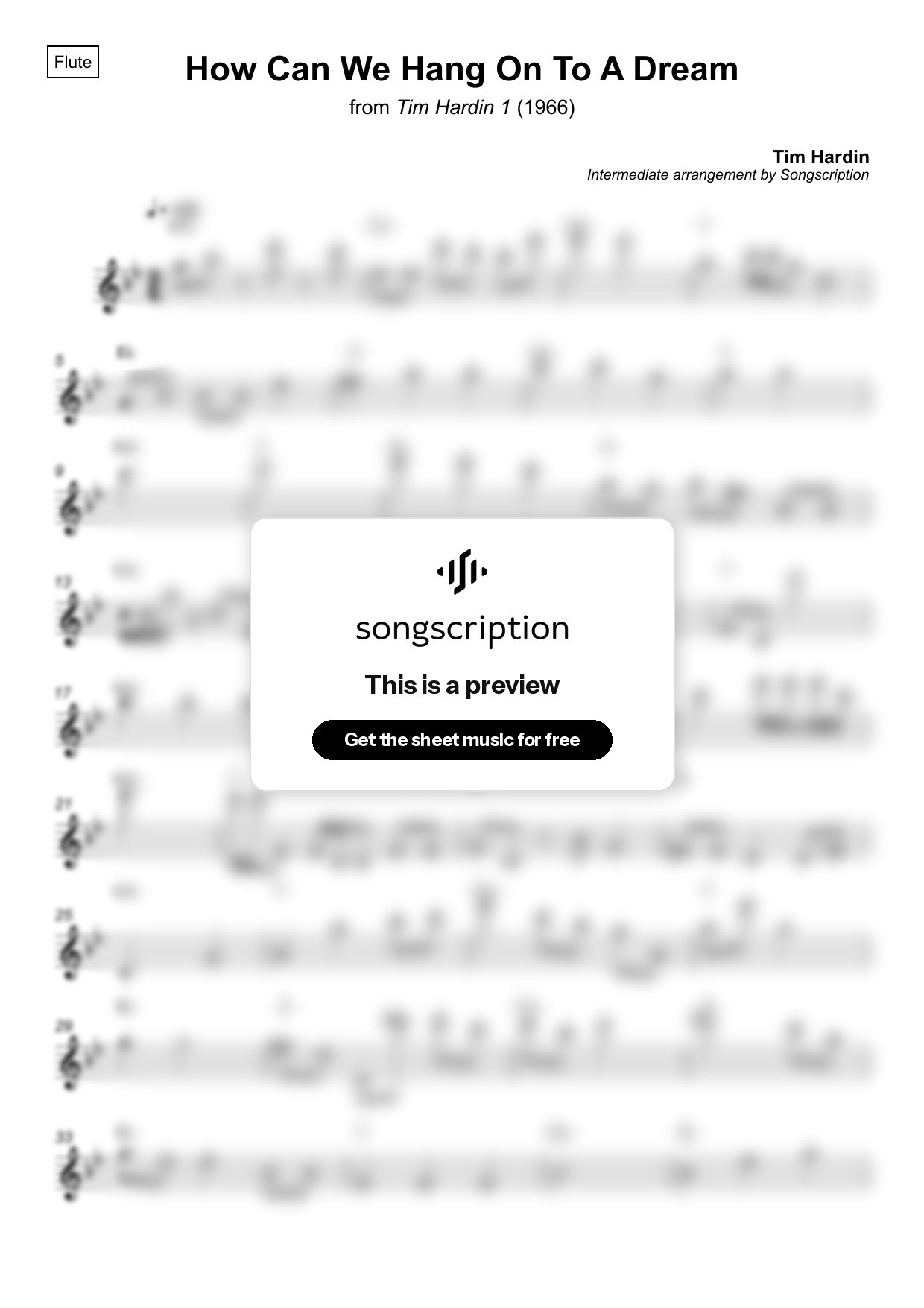 Intermediate Flute Sheet Music for "How Can We Hang On To A Dream" by Tim Hardin