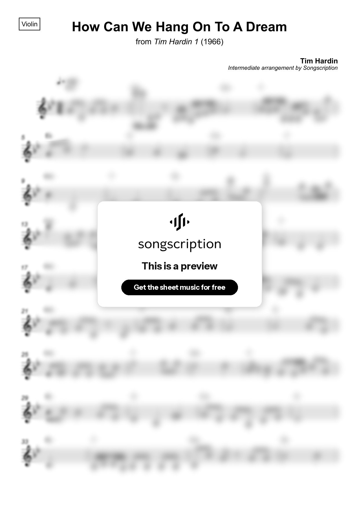 Intermediate Violin Sheet Music for "How Can We Hang On To A Dream" by Tim Hardin