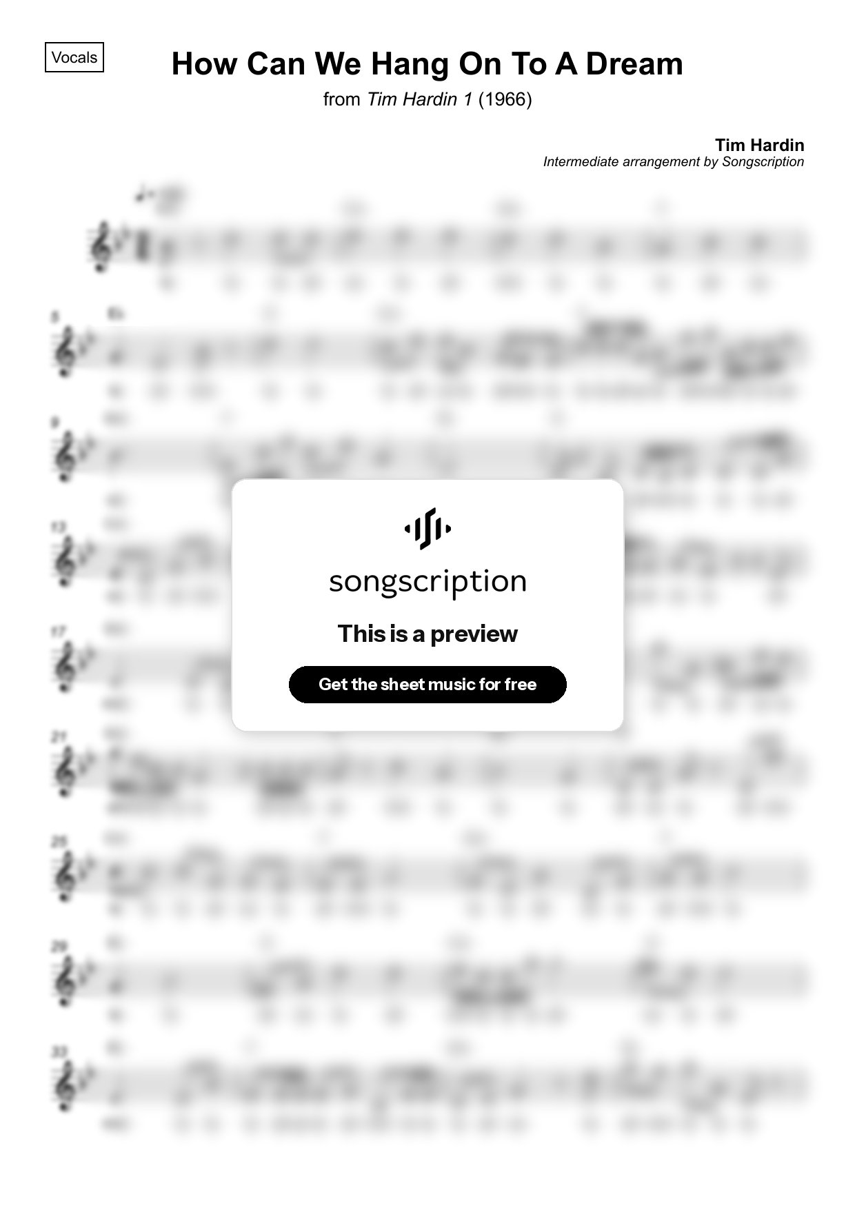 Intermediate Vocals Sheet Music for "How Can We Hang On To A Dream" by Tim Hardin