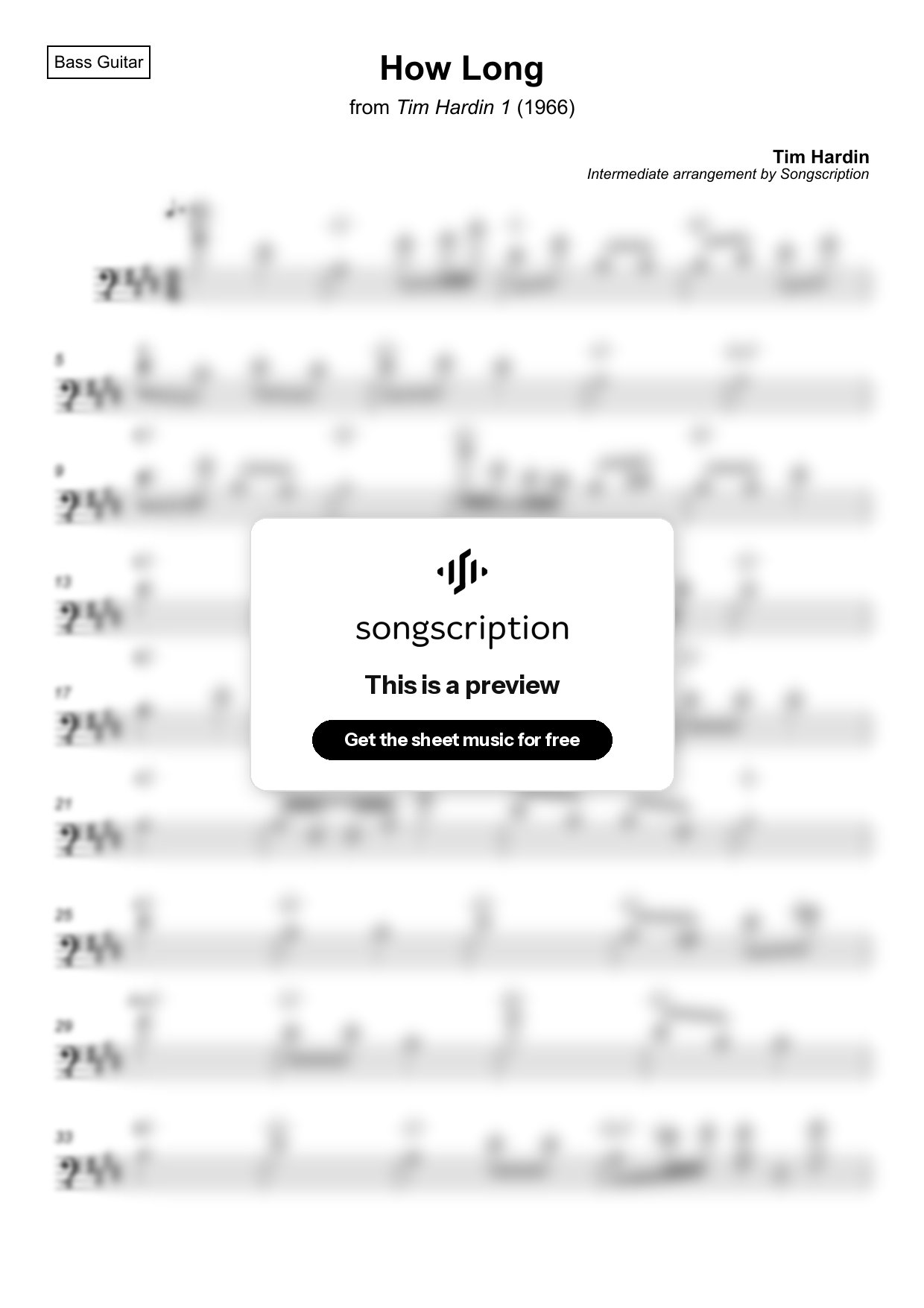 Intermediate Bass Guitar Sheet Music for "How Long" by Tim Hardin