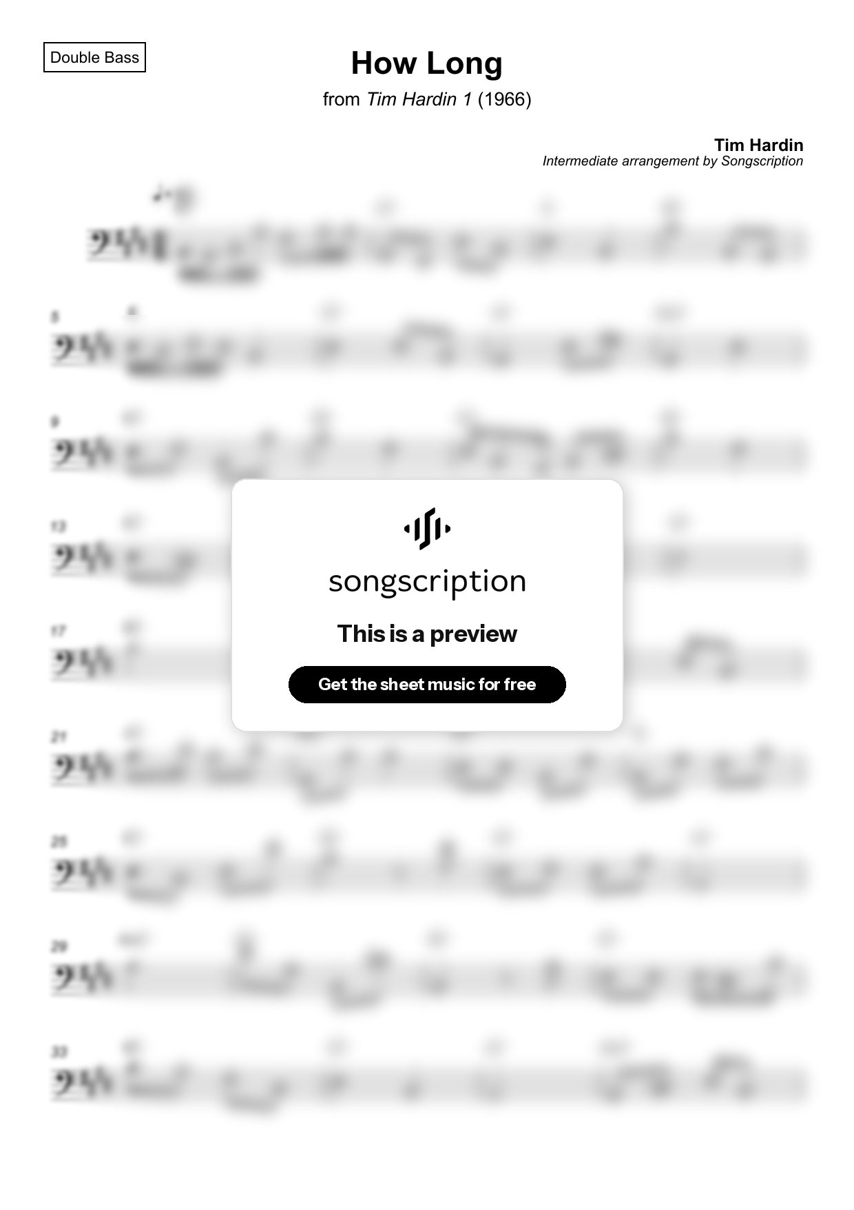 Intermediate Double Bass Sheet Music for "How Long" by Tim Hardin
