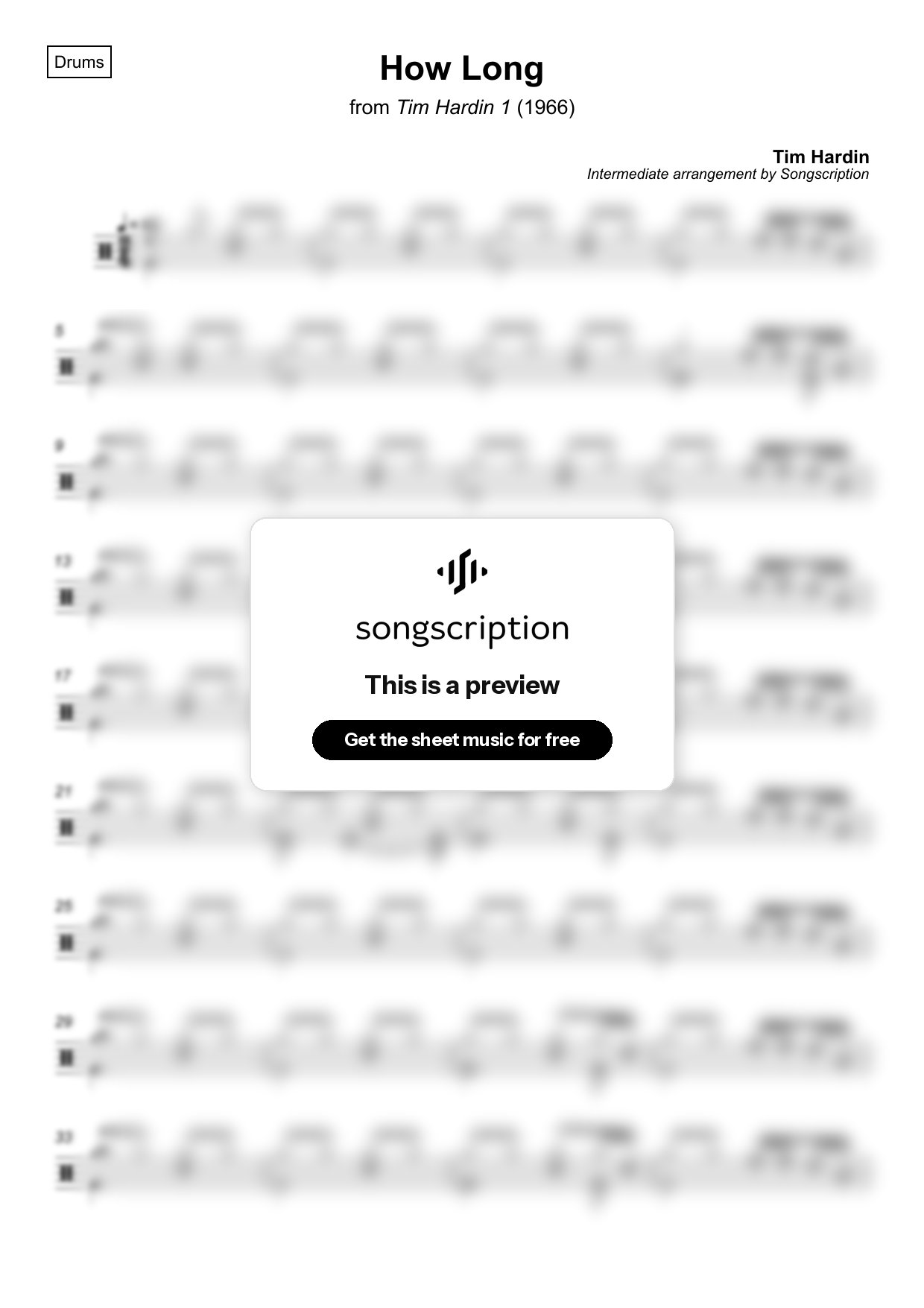 Intermediate Drums Sheet Music for "How Long" by Tim Hardin
