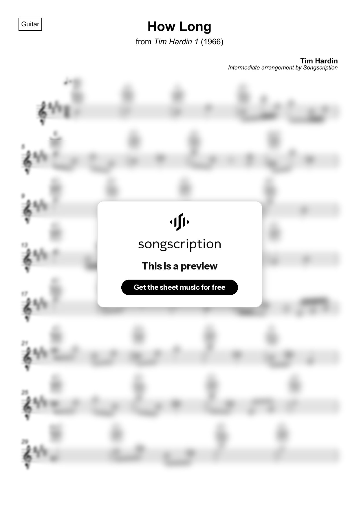 Intermediate Acoustic Guitar Sheet Music for "How Long" by Tim Hardin