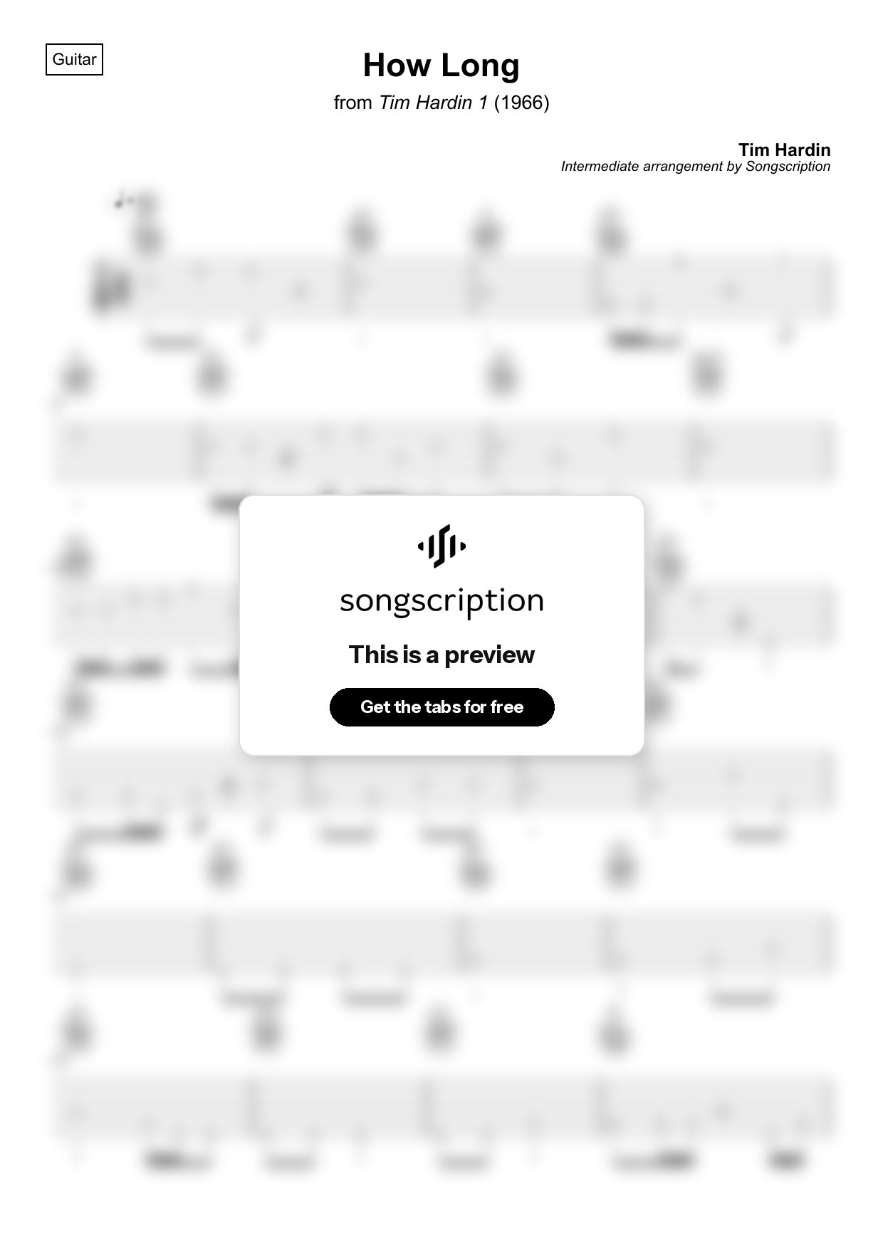 Intermediate Acoustic Guitar Tabs for "How Long" by Tim Hardin
