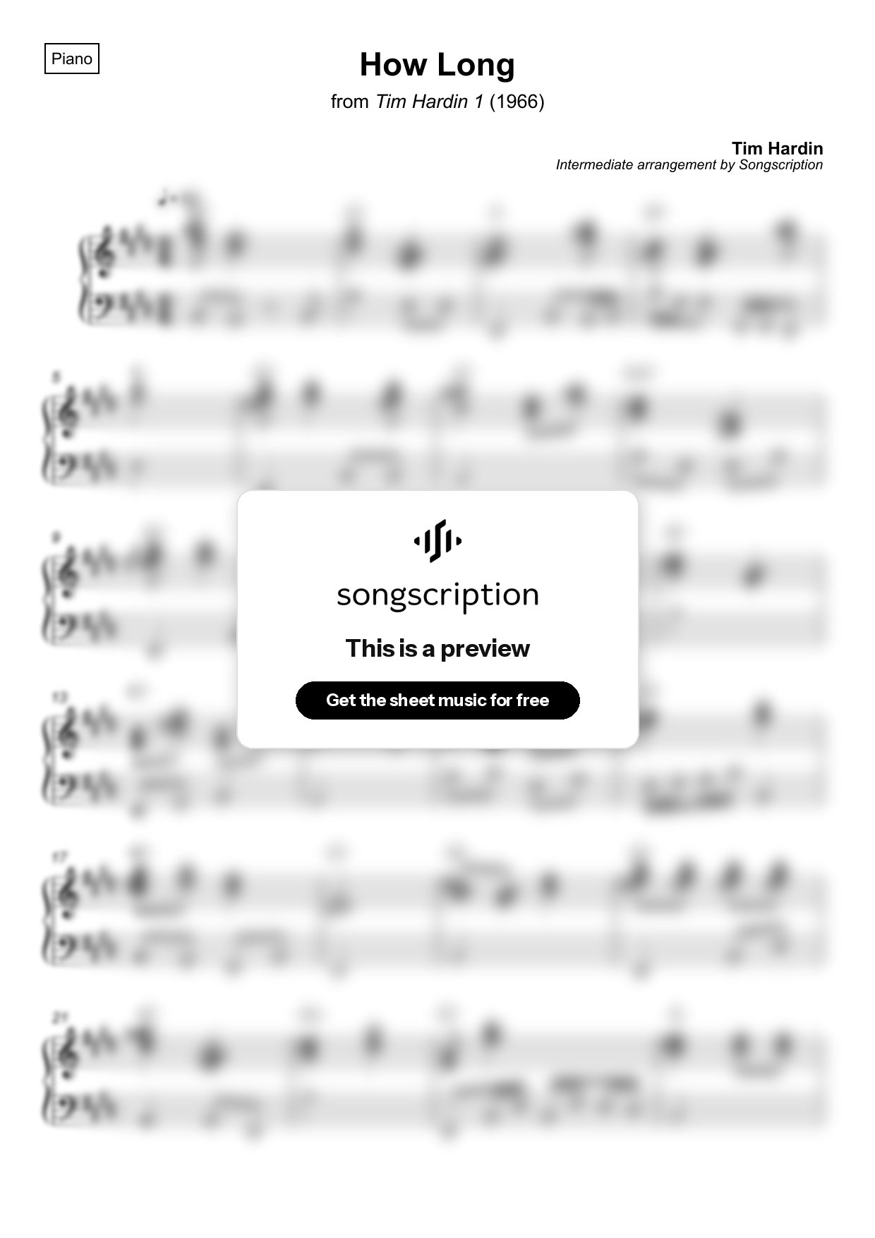 Intermediate Piano Sheet Music for "How Long" by Tim Hardin