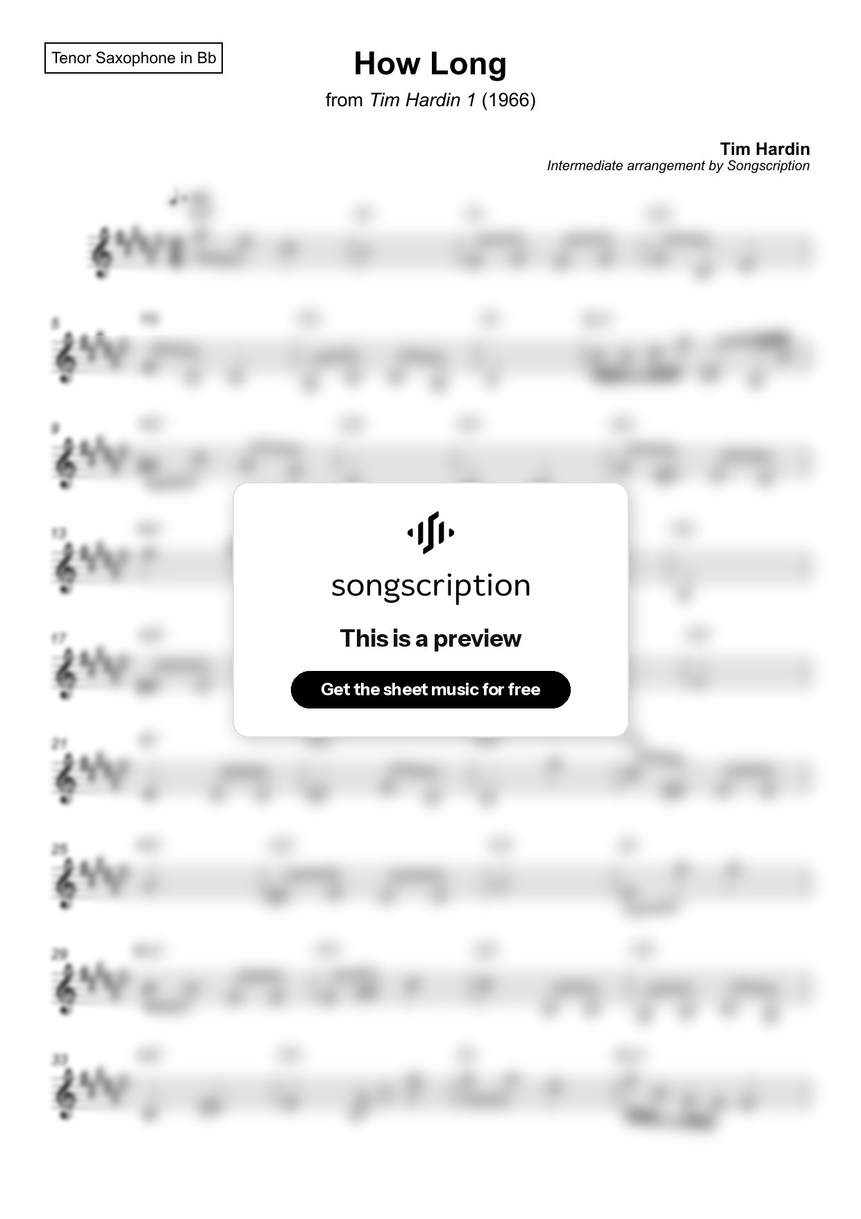 Intermediate Tenor Sax Sheet Music for "How Long" by Tim Hardin