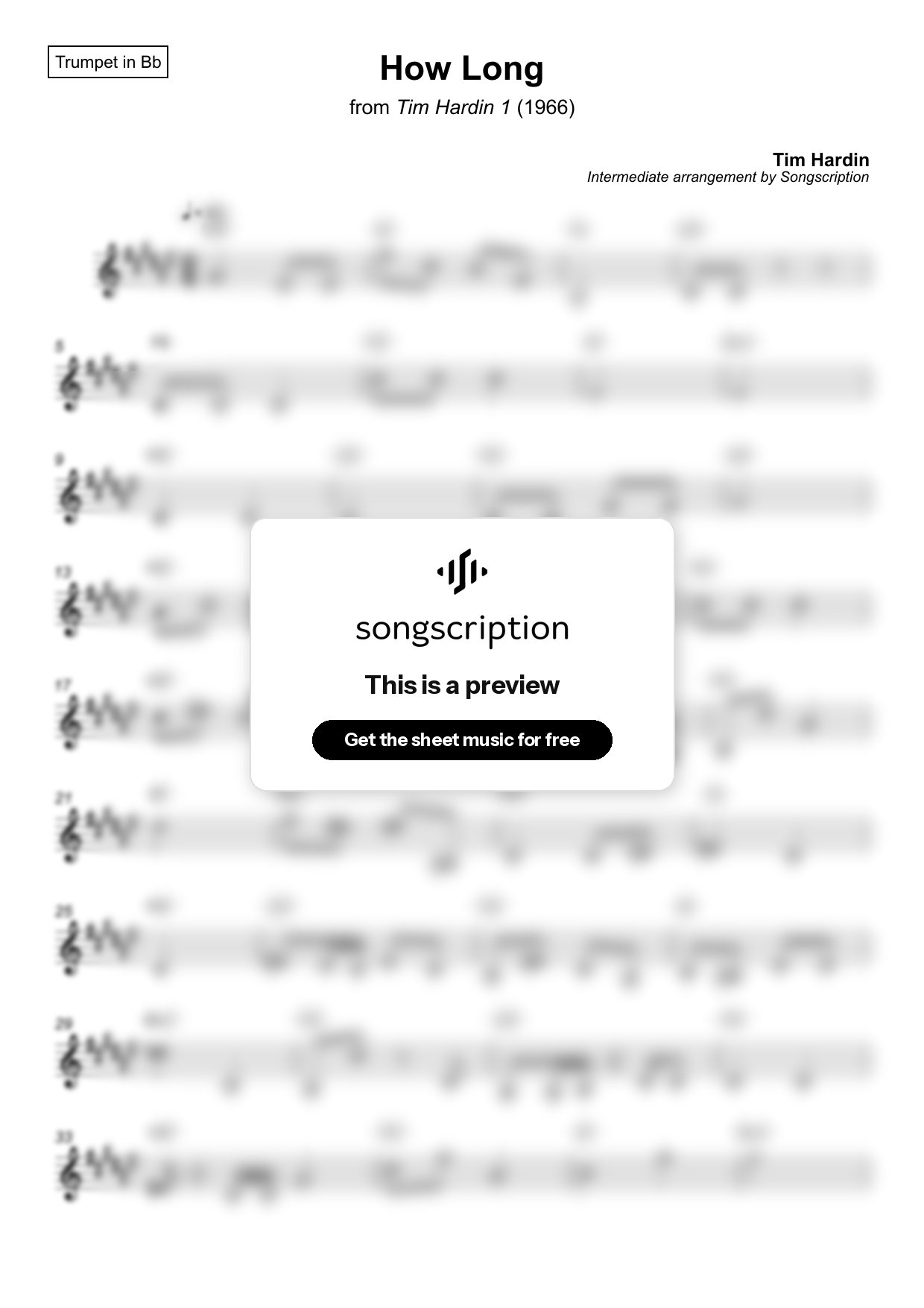 Intermediate Trumpet Sheet Music for "How Long" by Tim Hardin