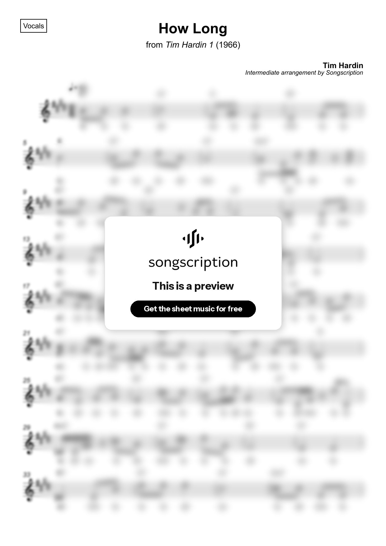 Intermediate Vocals Sheet Music for "How Long" by Tim Hardin
