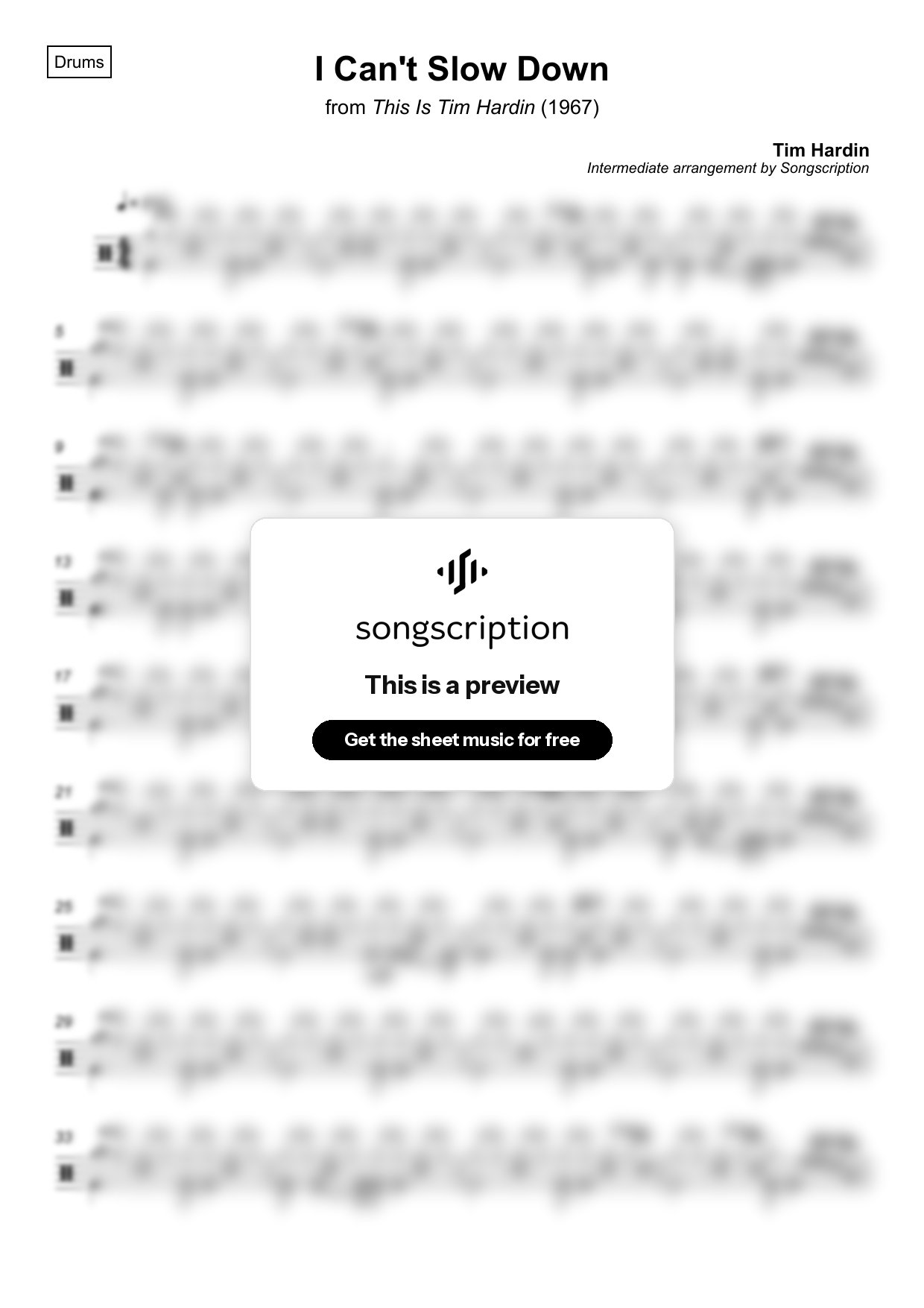 Intermediate Drums Sheet Music for "I Can't Slow Down" by Tim Hardin