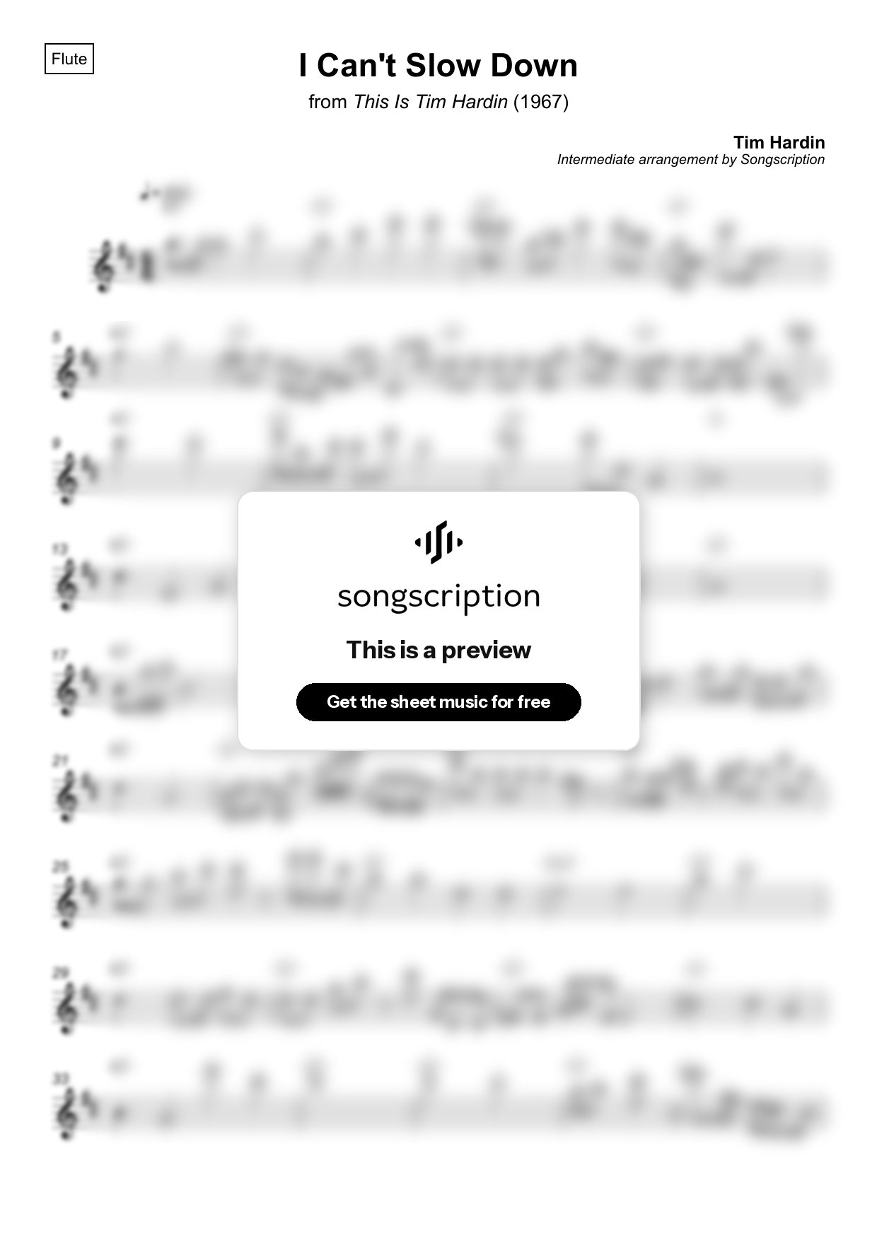 Intermediate Flute Sheet Music for "I Can't Slow Down" by Tim Hardin
