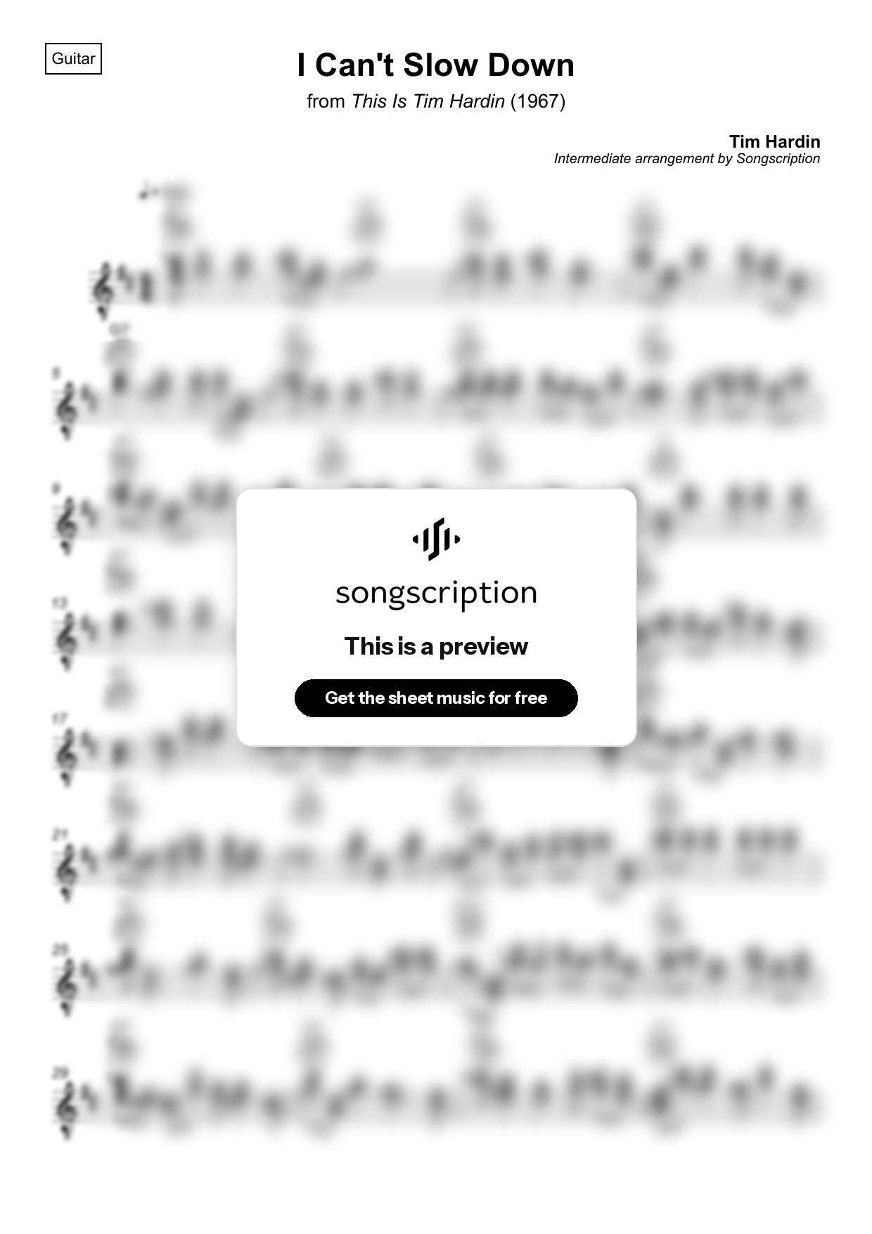 Intermediate Acoustic Guitar Sheet Music for "I Can't Slow Down" by Tim Hardin