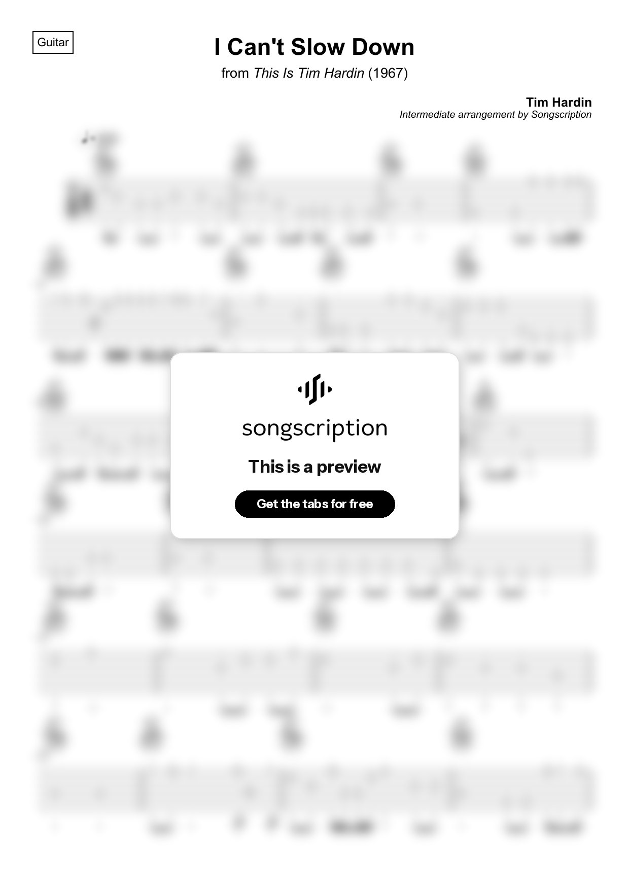 Intermediate Acoustic Guitar Tabs for "I Can't Slow Down" by Tim Hardin