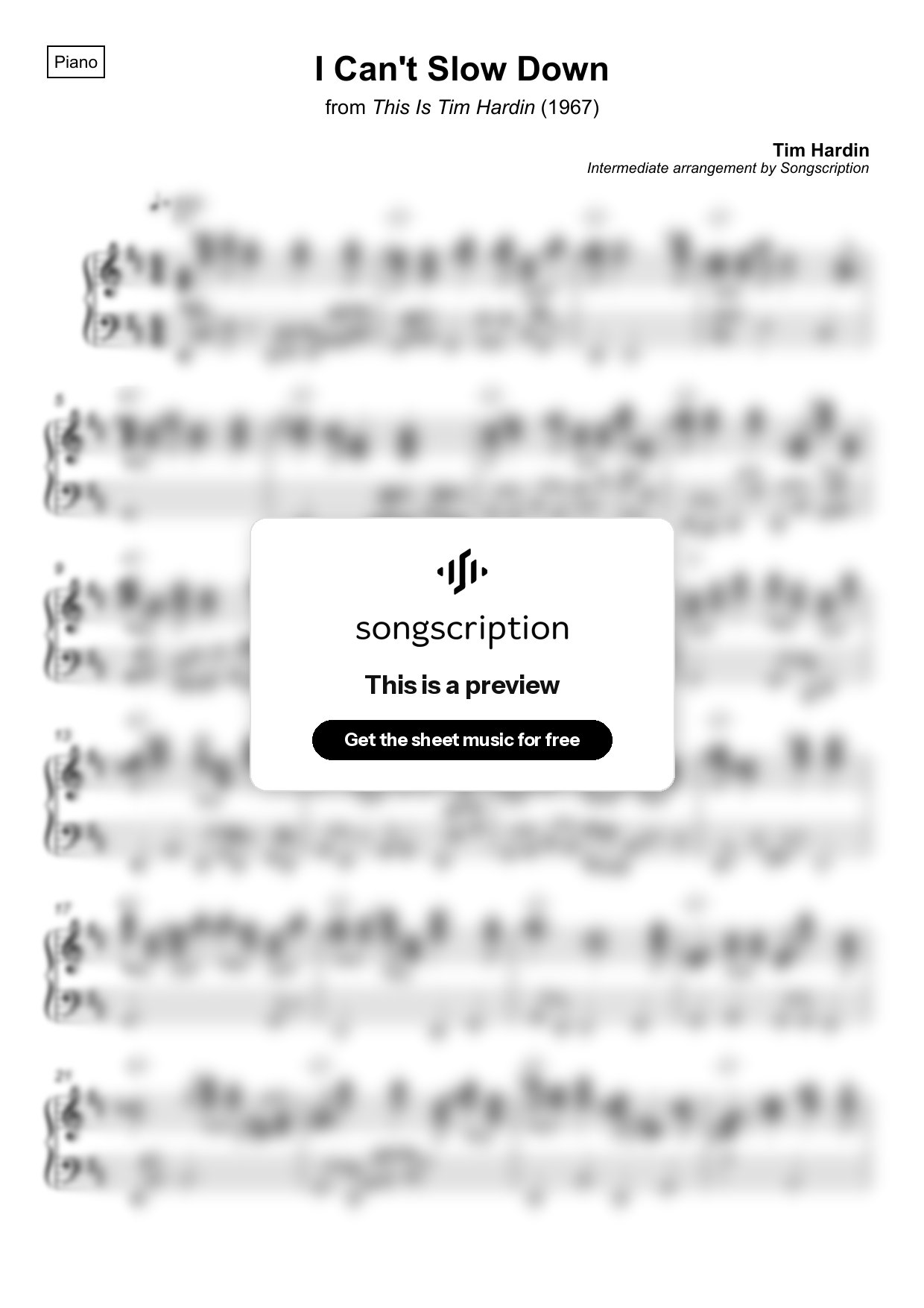 Intermediate Piano Sheet Music for "I Can't Slow Down" by Tim Hardin