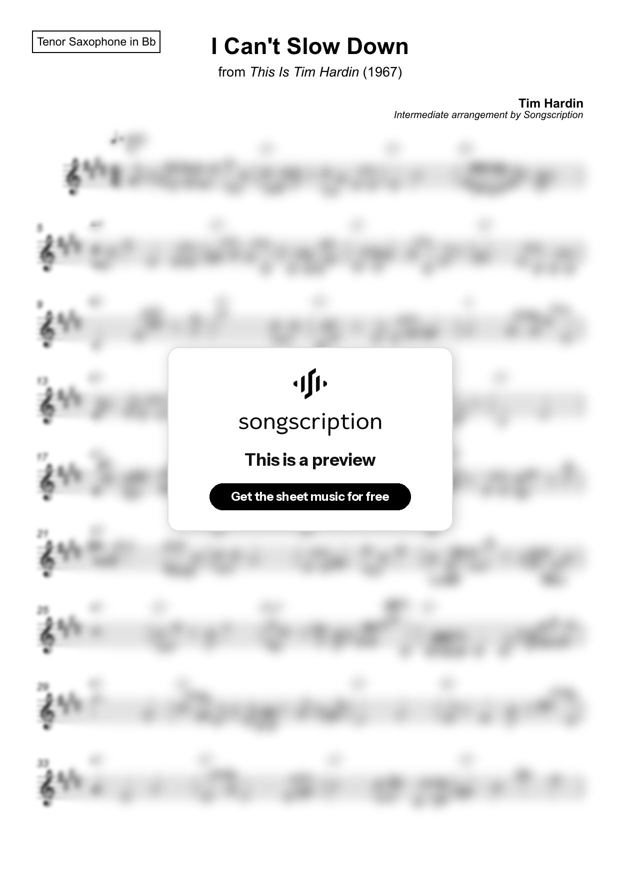 Intermediate Tenor Sax Sheet Music for "I Can't Slow Down" by Tim Hardin