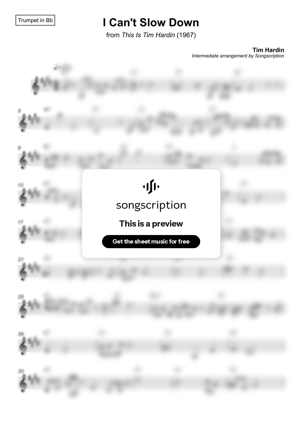 Intermediate Trumpet Sheet Music for "I Can't Slow Down" by Tim Hardin
