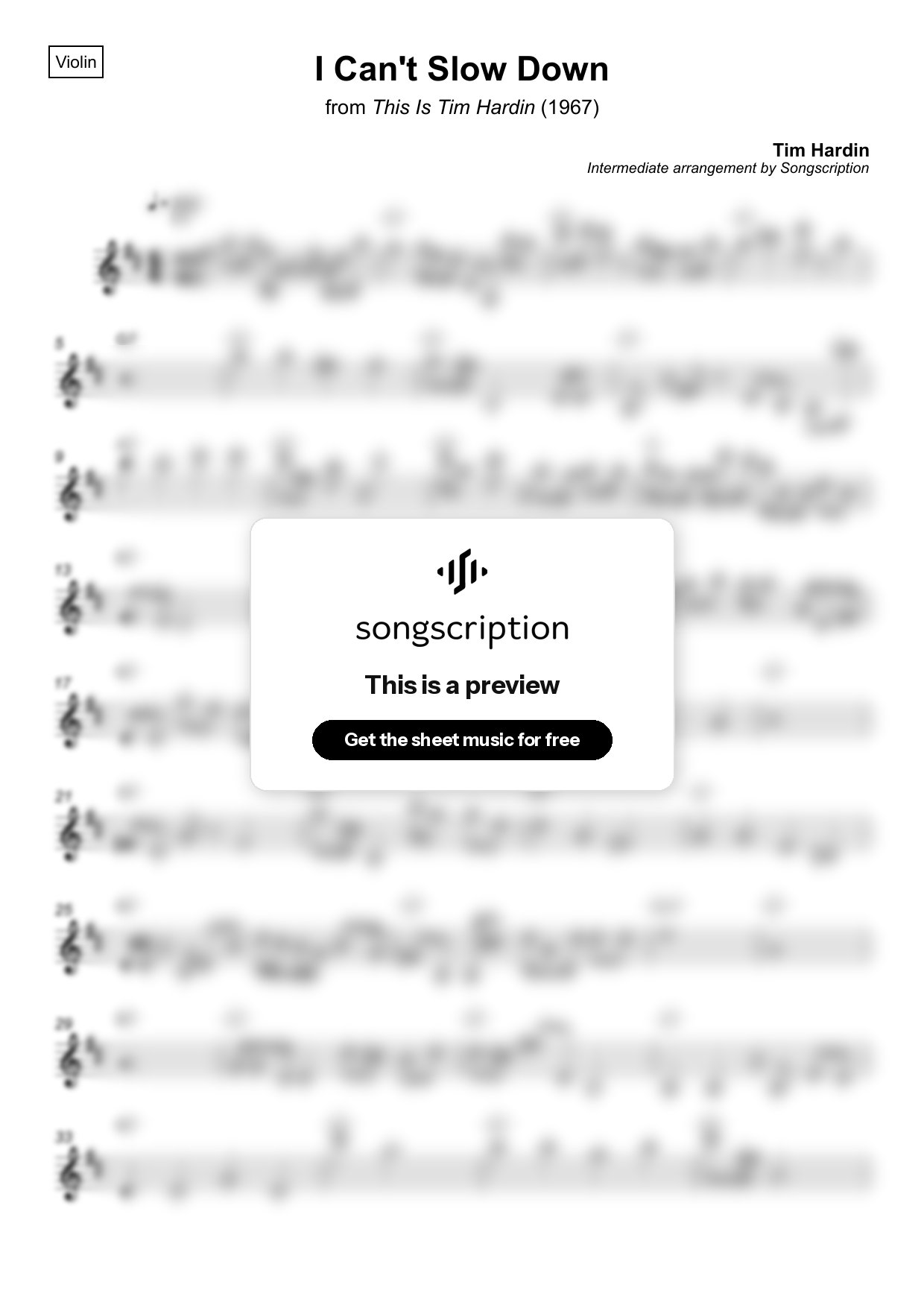 Intermediate Violin Sheet Music for "I Can't Slow Down" by Tim Hardin