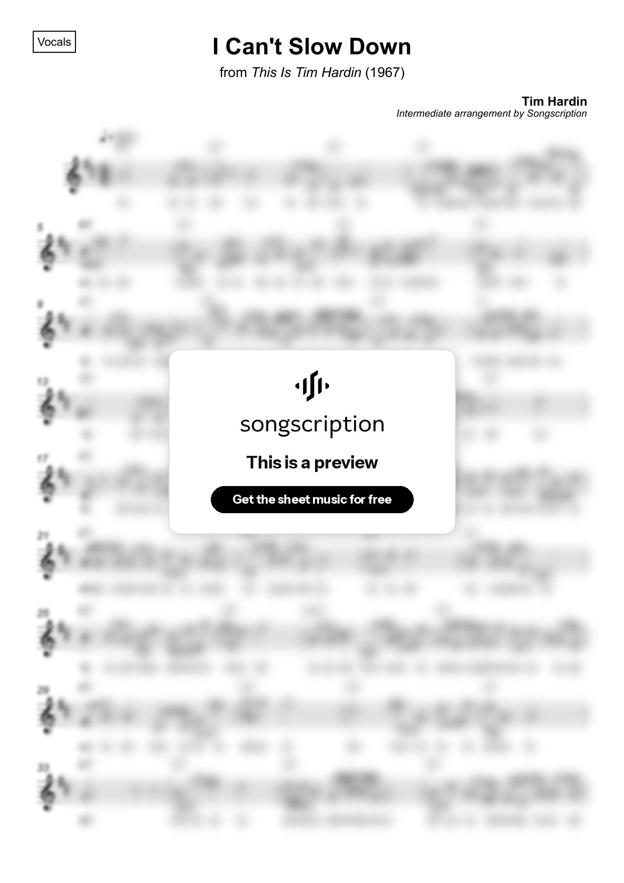 Intermediate Vocals Sheet Music for "I Can't Slow Down" by Tim Hardin