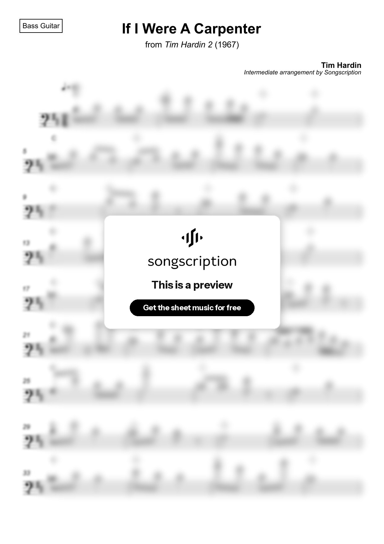 Intermediate Bass Guitar Sheet Music for "If I Were A Carpenter" by Tim Hardin