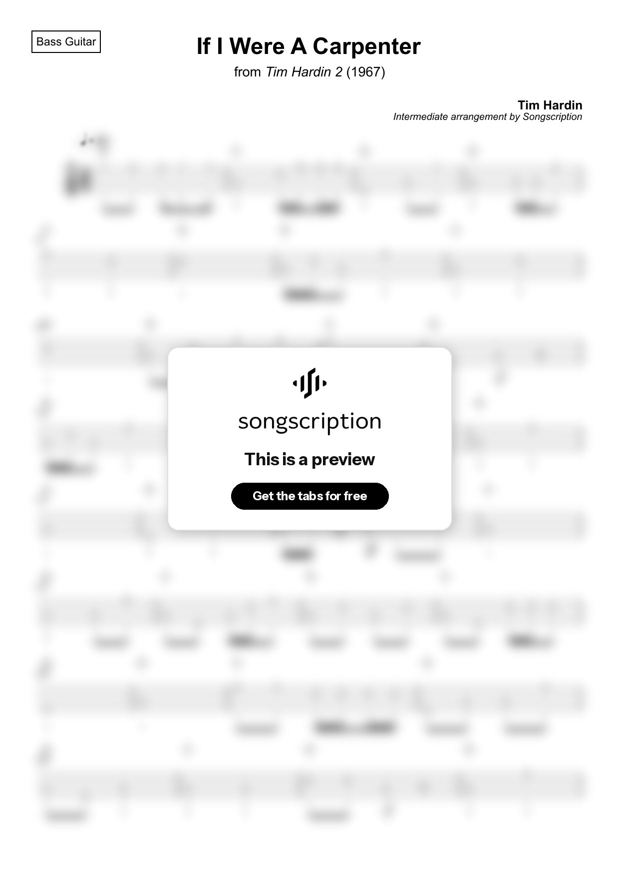 Intermediate Bass Guitar Tabs for "If I Were A Carpenter" by Tim Hardin