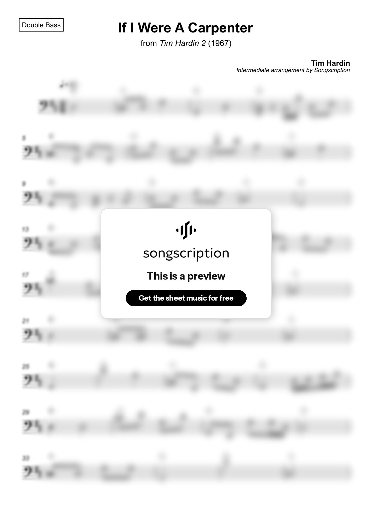 Intermediate Double Bass Sheet Music for "If I Were A Carpenter" by Tim Hardin
