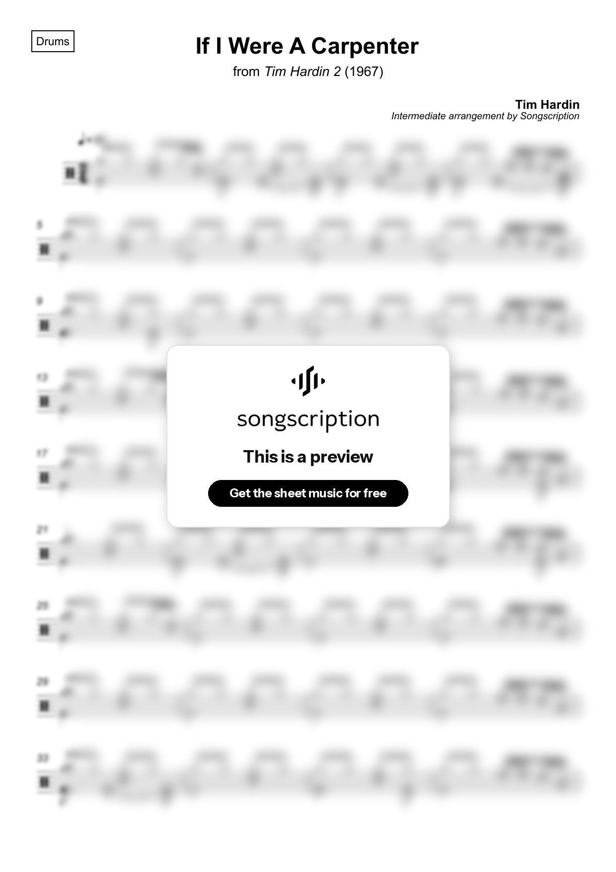 Intermediate Drums Sheet Music for "If I Were A Carpenter" by Tim Hardin