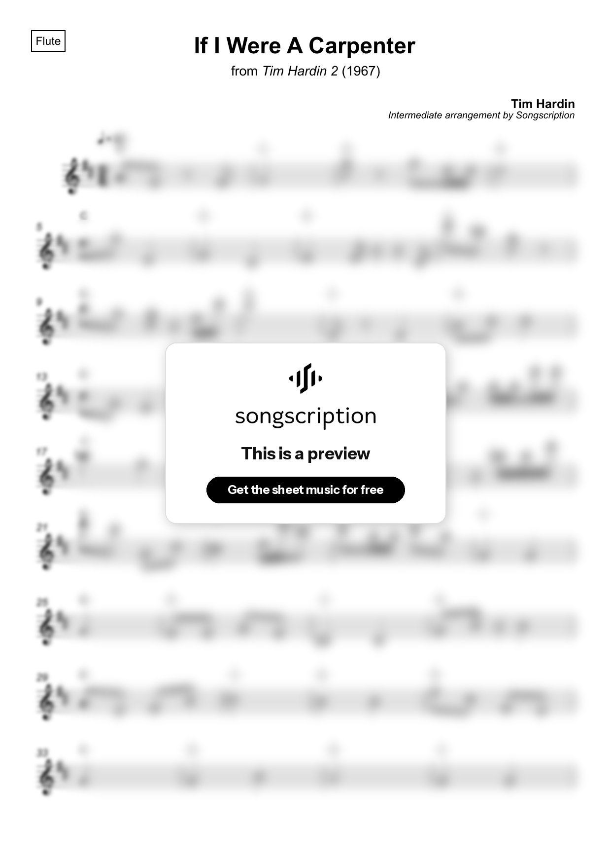 Intermediate Flute Sheet Music for "If I Were A Carpenter" by Tim Hardin