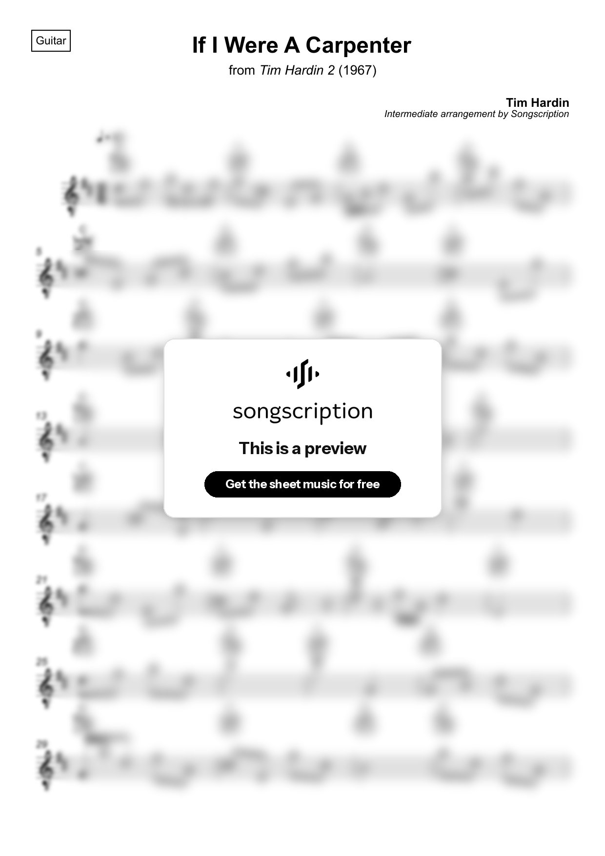 Intermediate Acoustic Guitar Sheet Music for "If I Were A Carpenter" by Tim Hardin