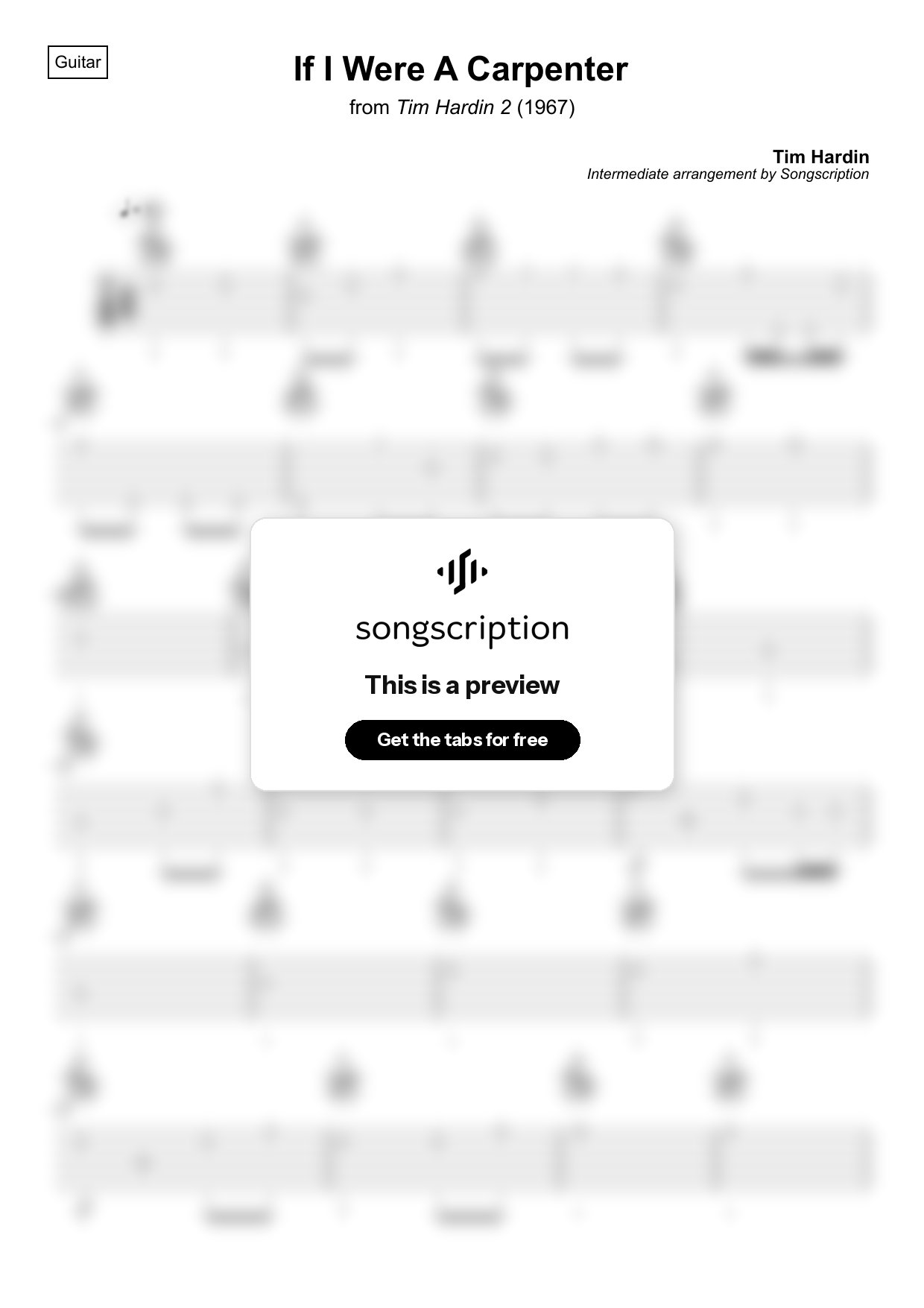 Intermediate Acoustic Guitar Tabs for "If I Were A Carpenter" by Tim Hardin