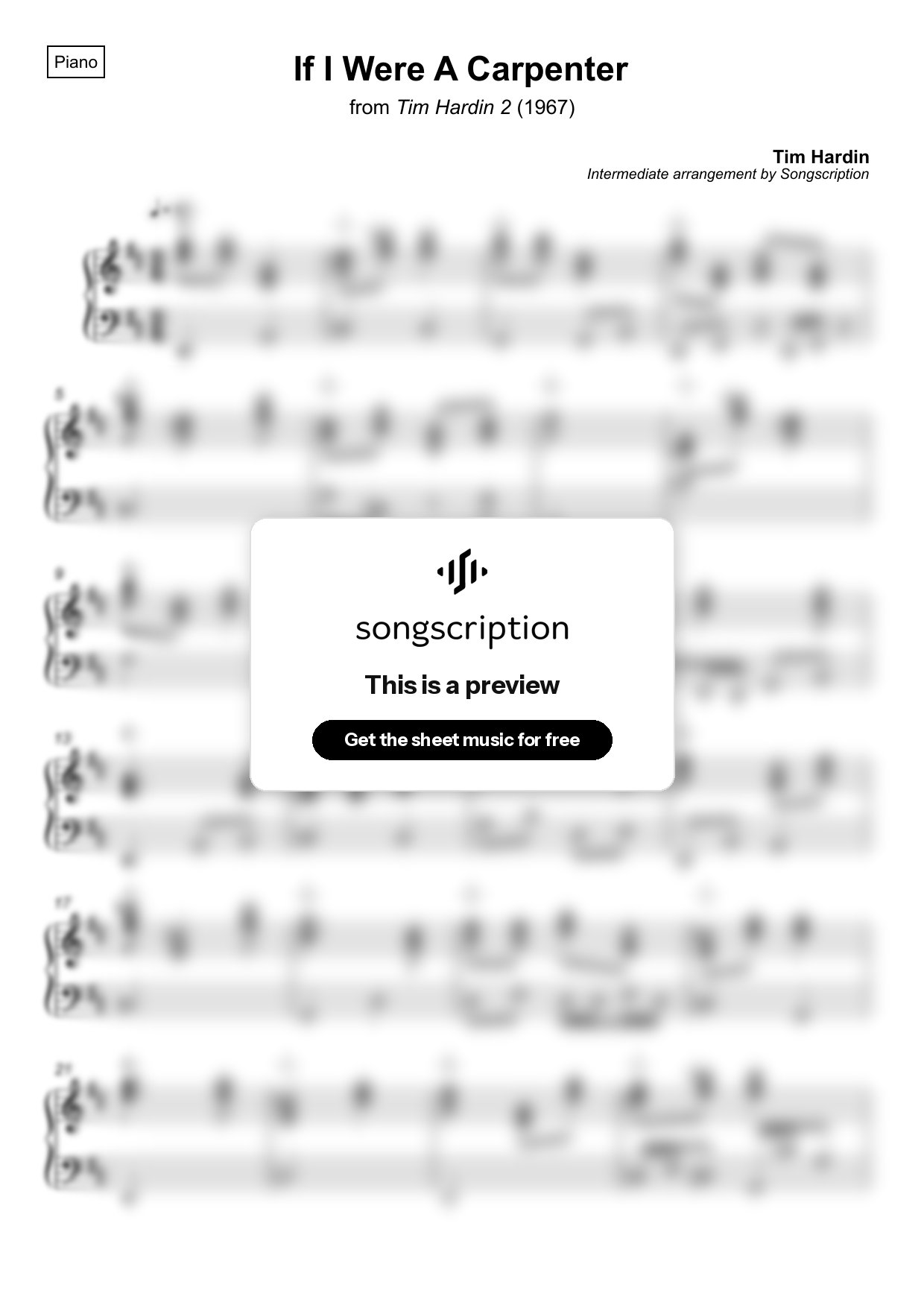 Intermediate Piano Sheet Music for "If I Were A Carpenter" by Tim Hardin