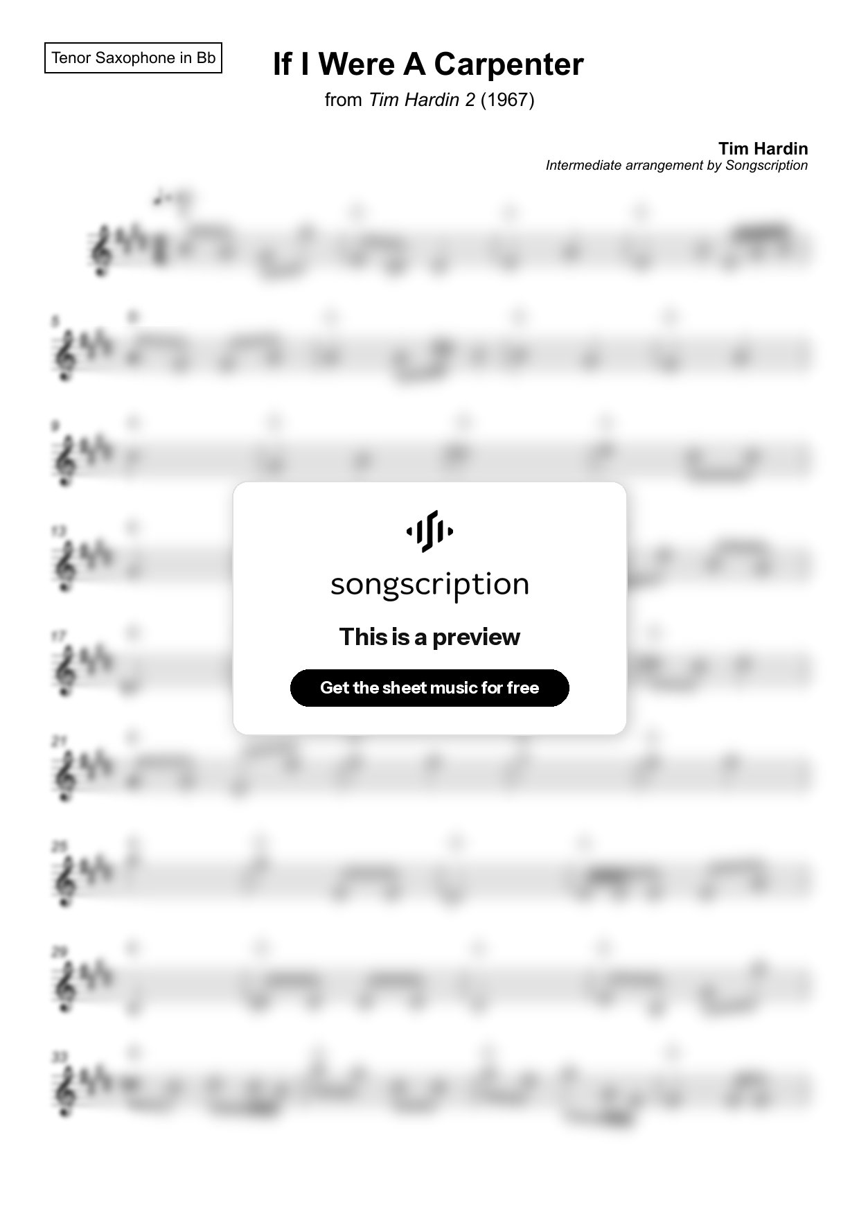 Intermediate Tenor Sax Sheet Music for "If I Were A Carpenter" by Tim Hardin