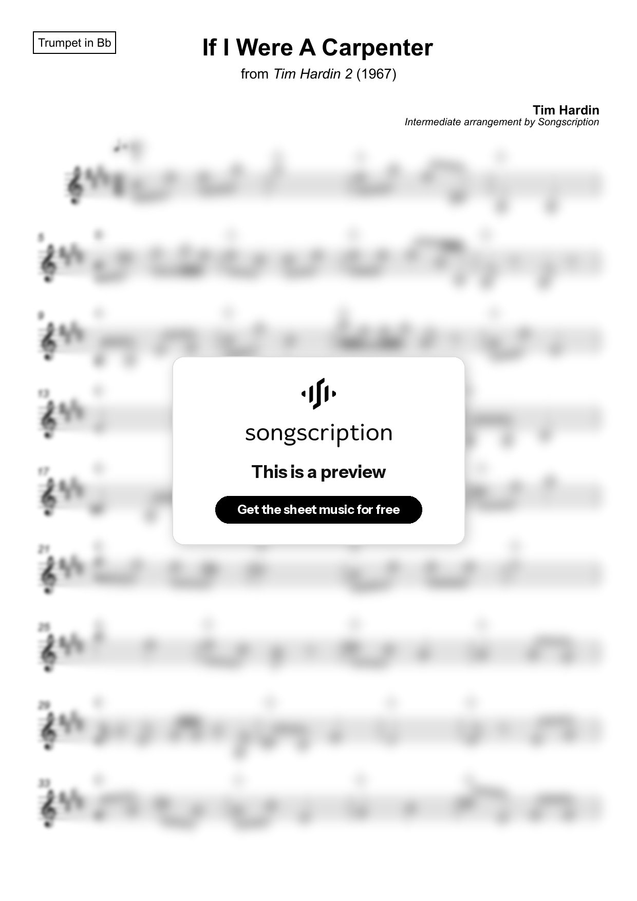 Intermediate Trumpet Sheet Music for "If I Were A Carpenter" by Tim Hardin