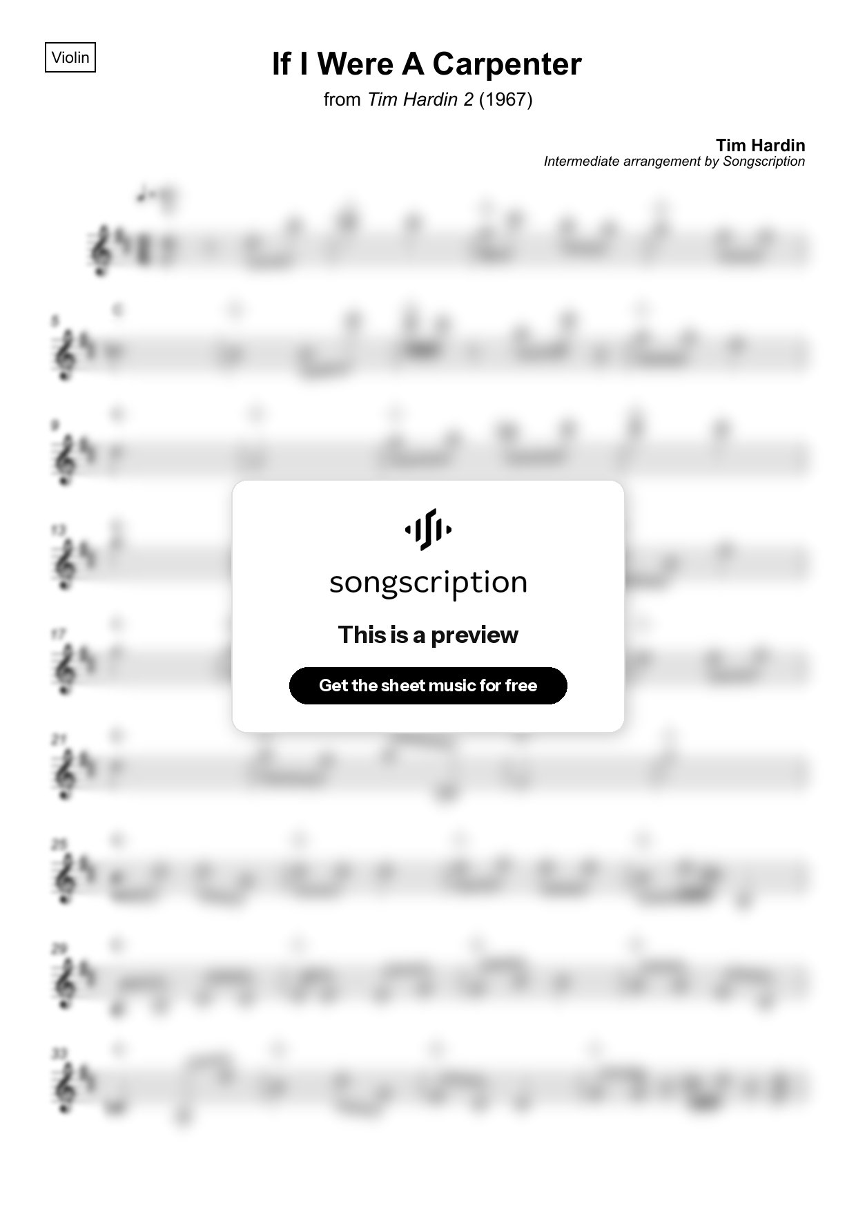 Intermediate Violin Sheet Music for "If I Were A Carpenter" by Tim Hardin