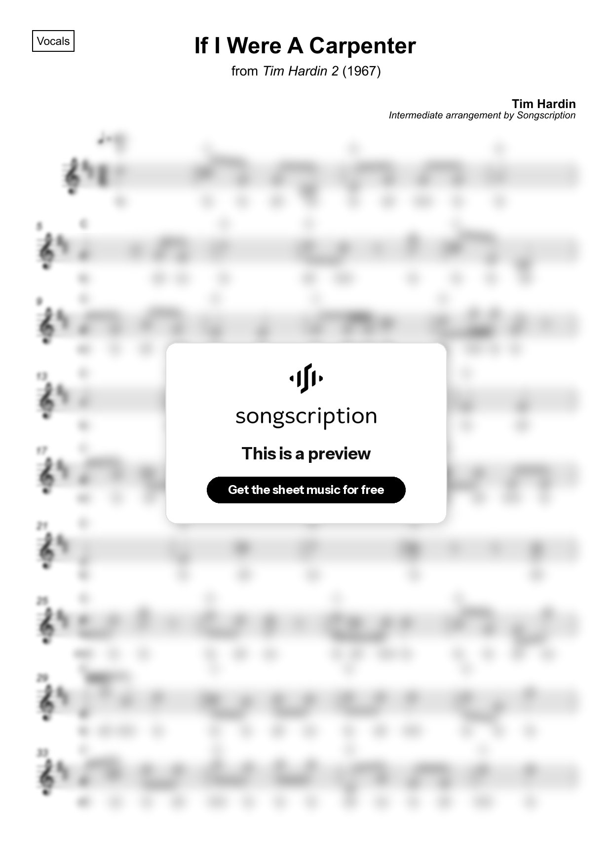 Intermediate Vocals Sheet Music for "If I Were A Carpenter" by Tim Hardin