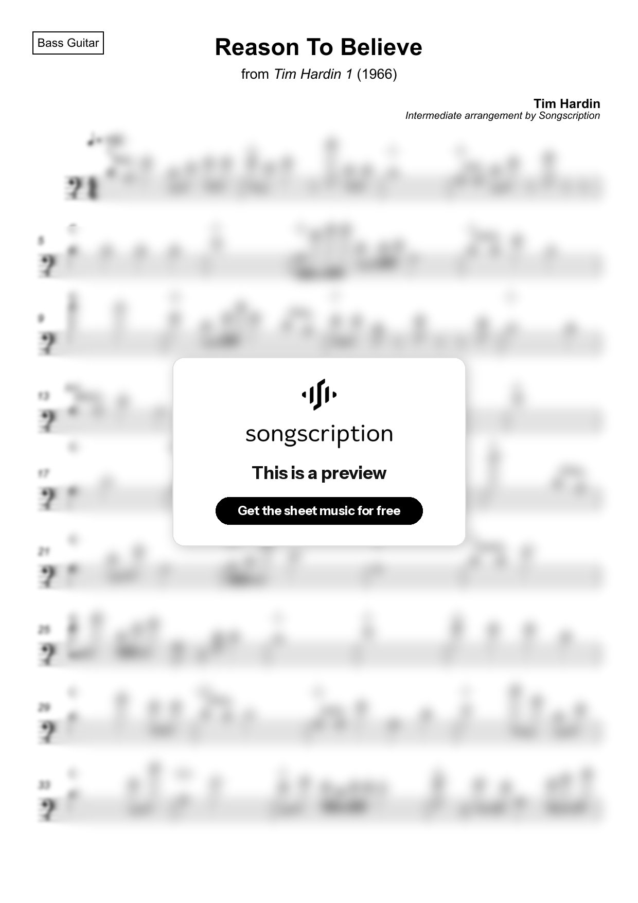 Intermediate Bass Guitar Sheet Music for "Reason To Believe" by Tim Hardin