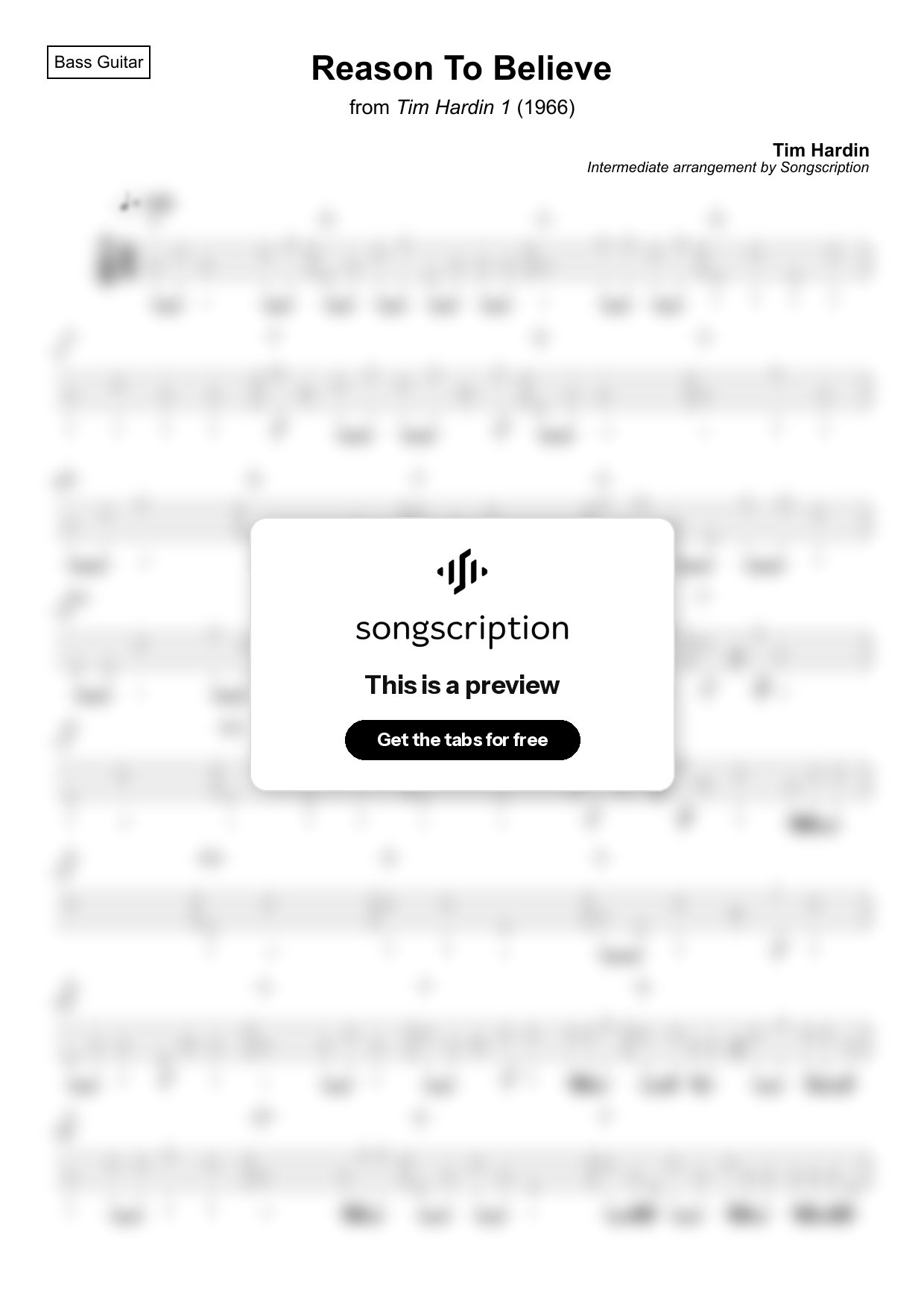 Intermediate Bass Guitar Tabs for "Reason To Believe" by Tim Hardin