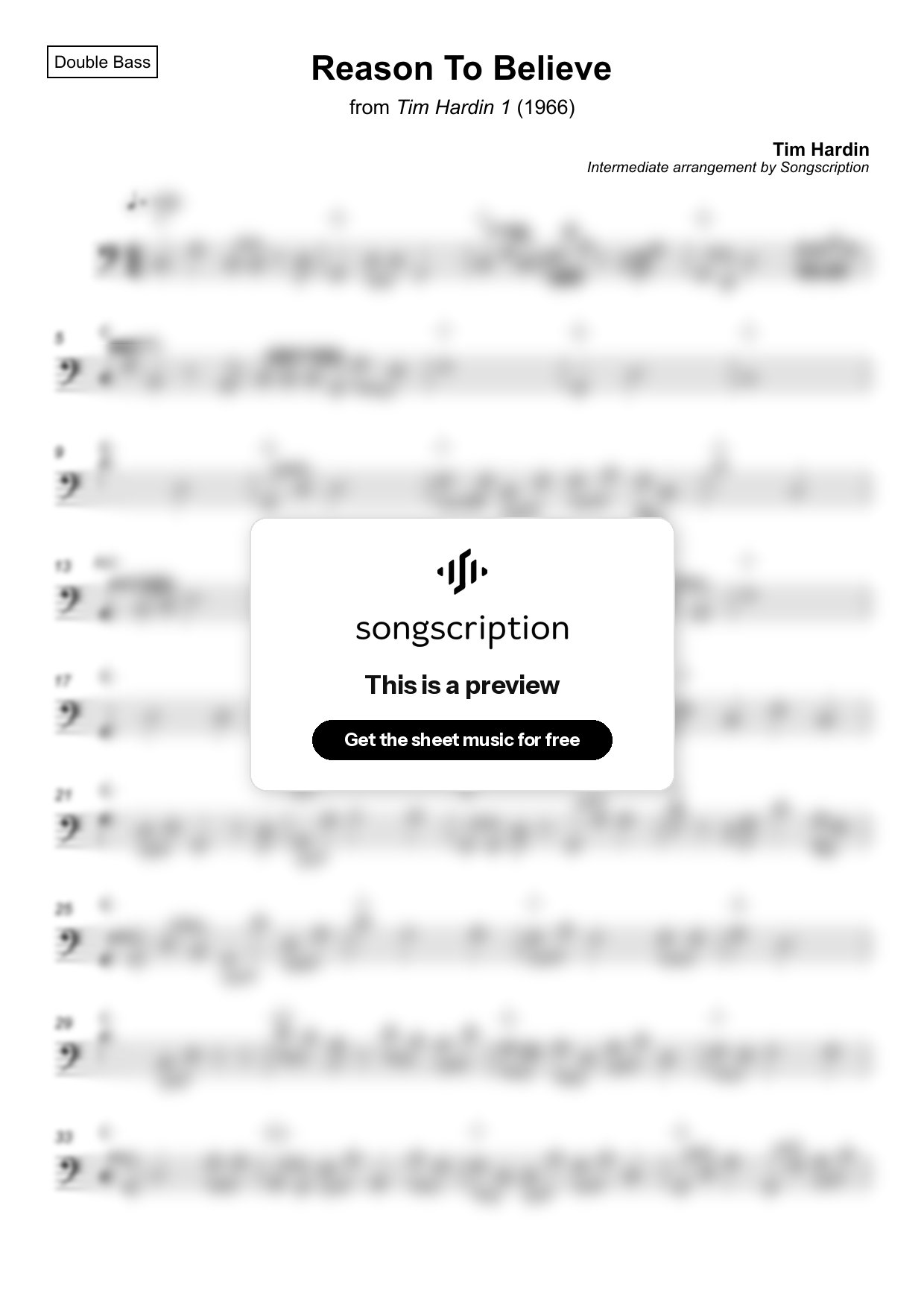 Intermediate Double Bass Sheet Music for "Reason To Believe" by Tim Hardin