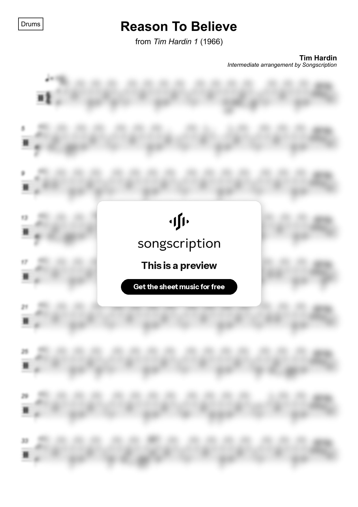 Intermediate Drums Sheet Music for "Reason To Believe" by Tim Hardin